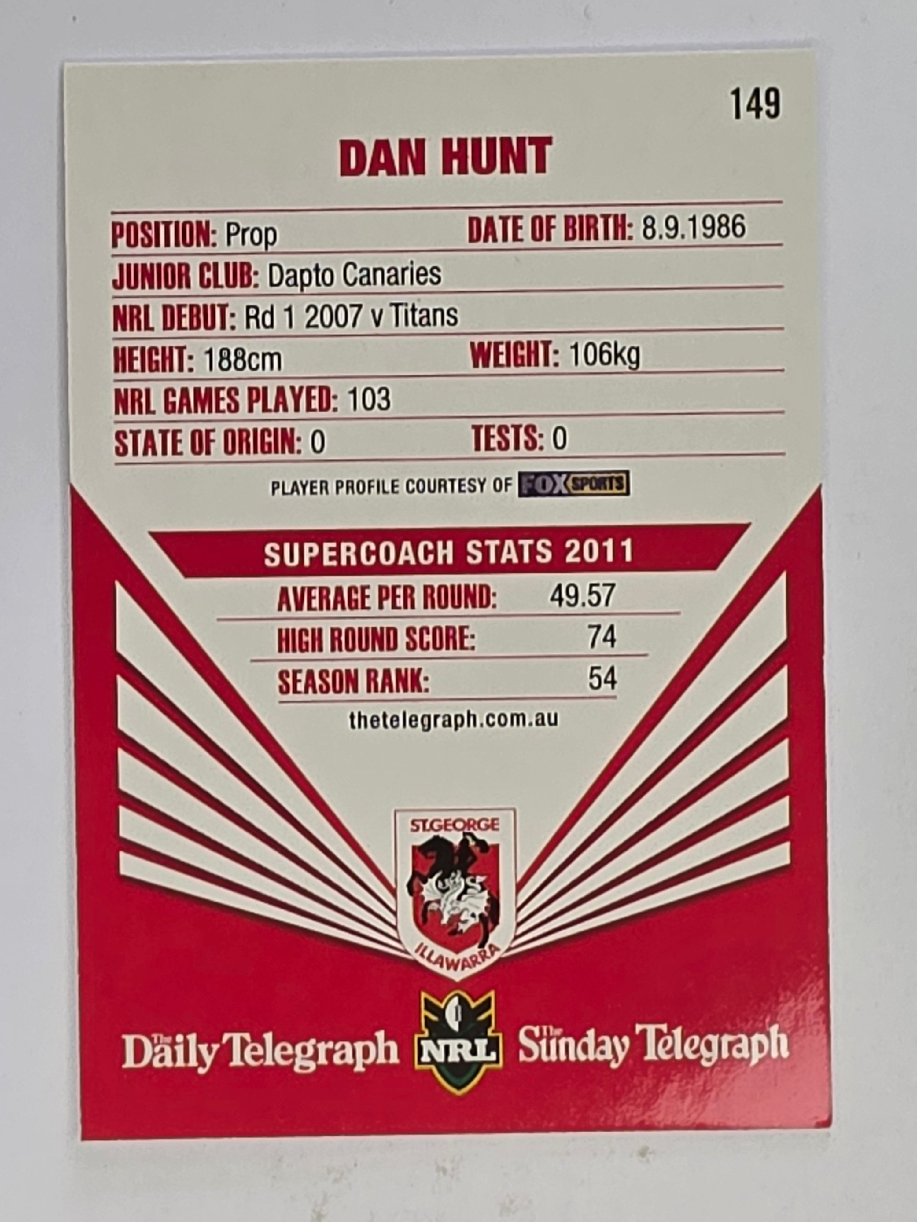 NRL 2012 Daily Telegraph | #149 Dan Hunt | St George Illawarra Dragons