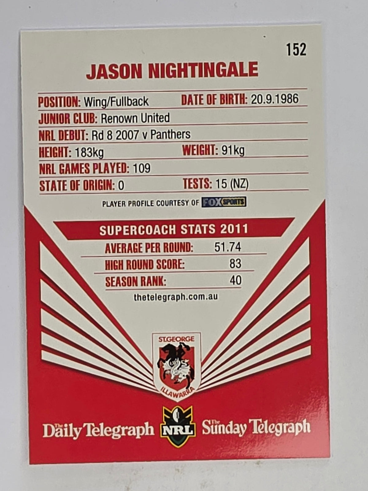 NRL 2012 Daily Telegraph | #152 Jason Nightingale | St George Illawarra Dragons