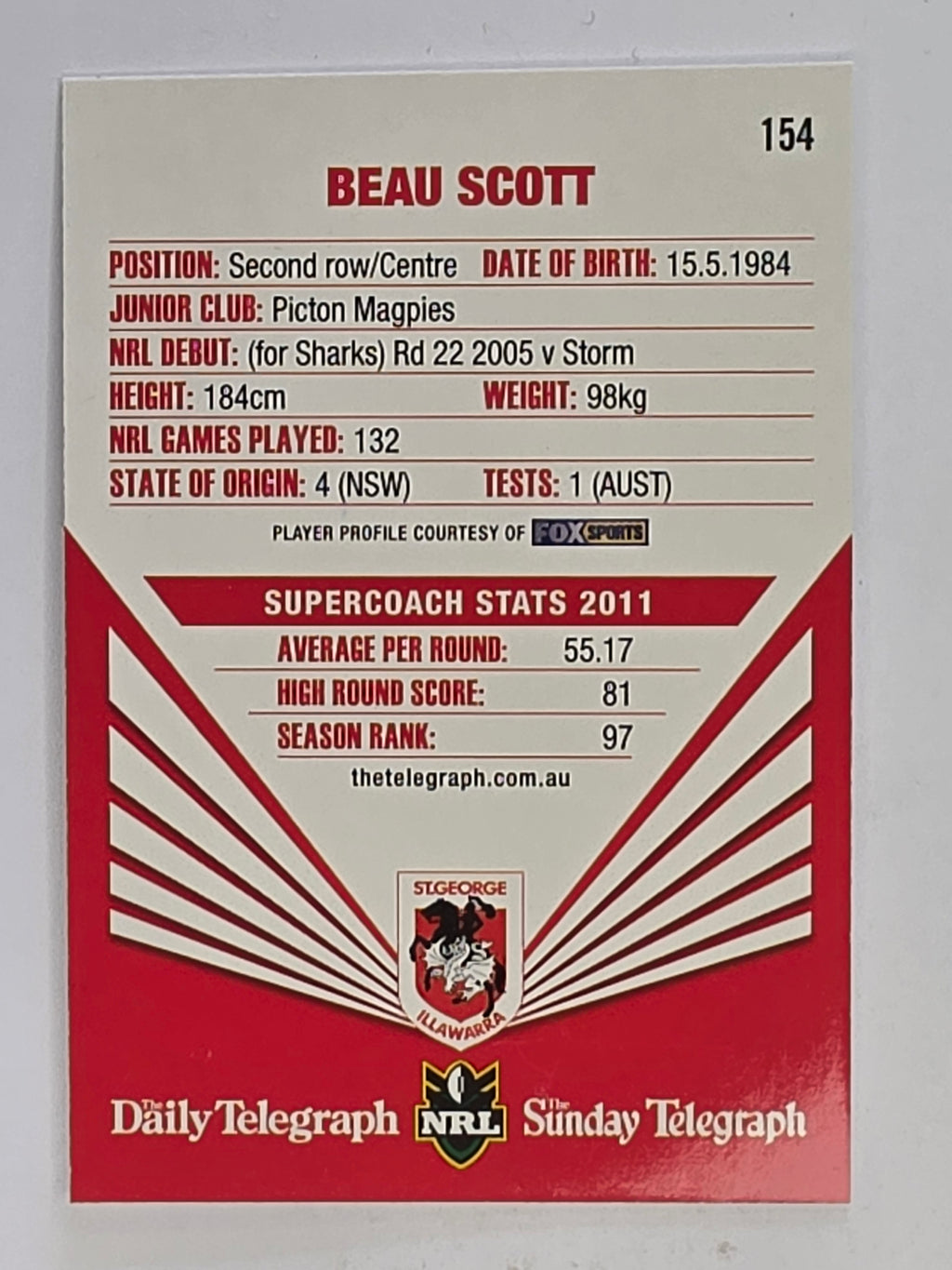 NRL 2012 Daily Telegraph | #154 Beau Scott | St George Illawarra Dragons