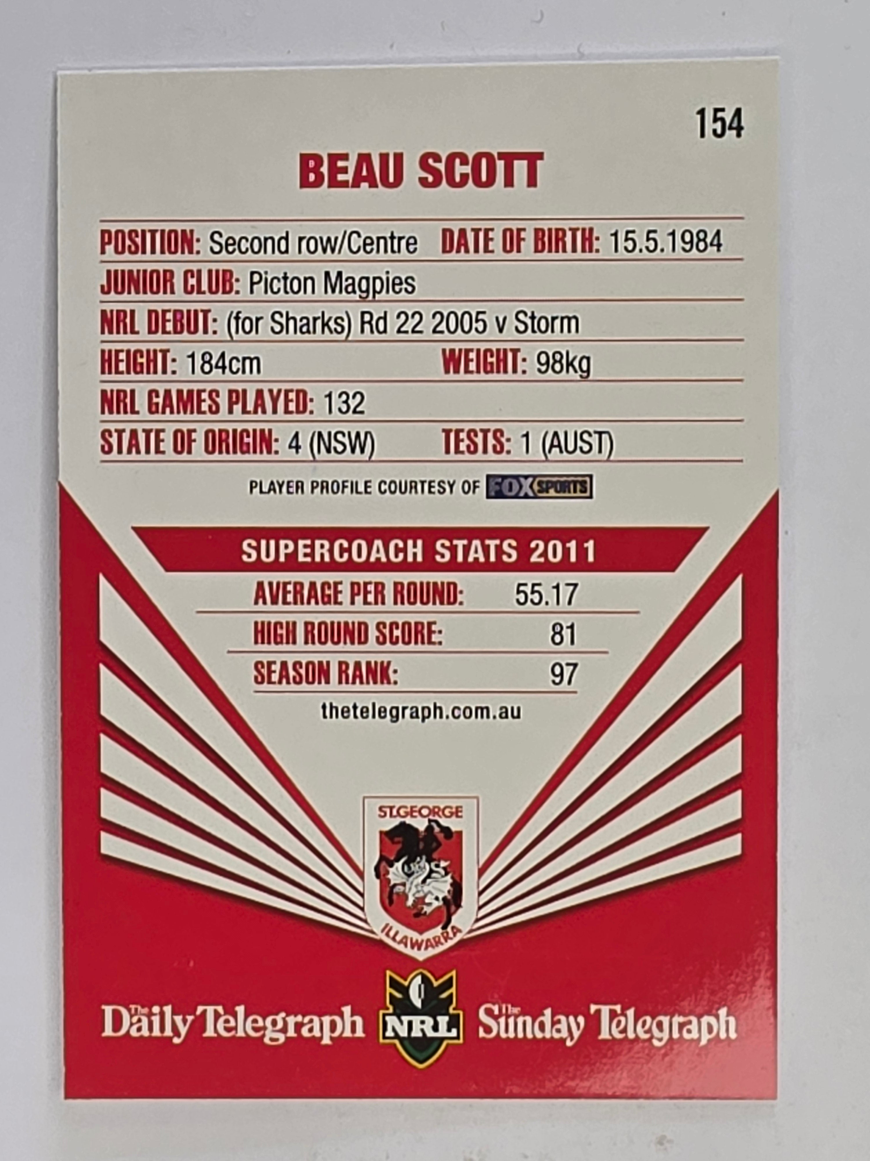 NRL 2012 Daily Telegraph | #154 Beau Scott | St George Illawarra Dragons