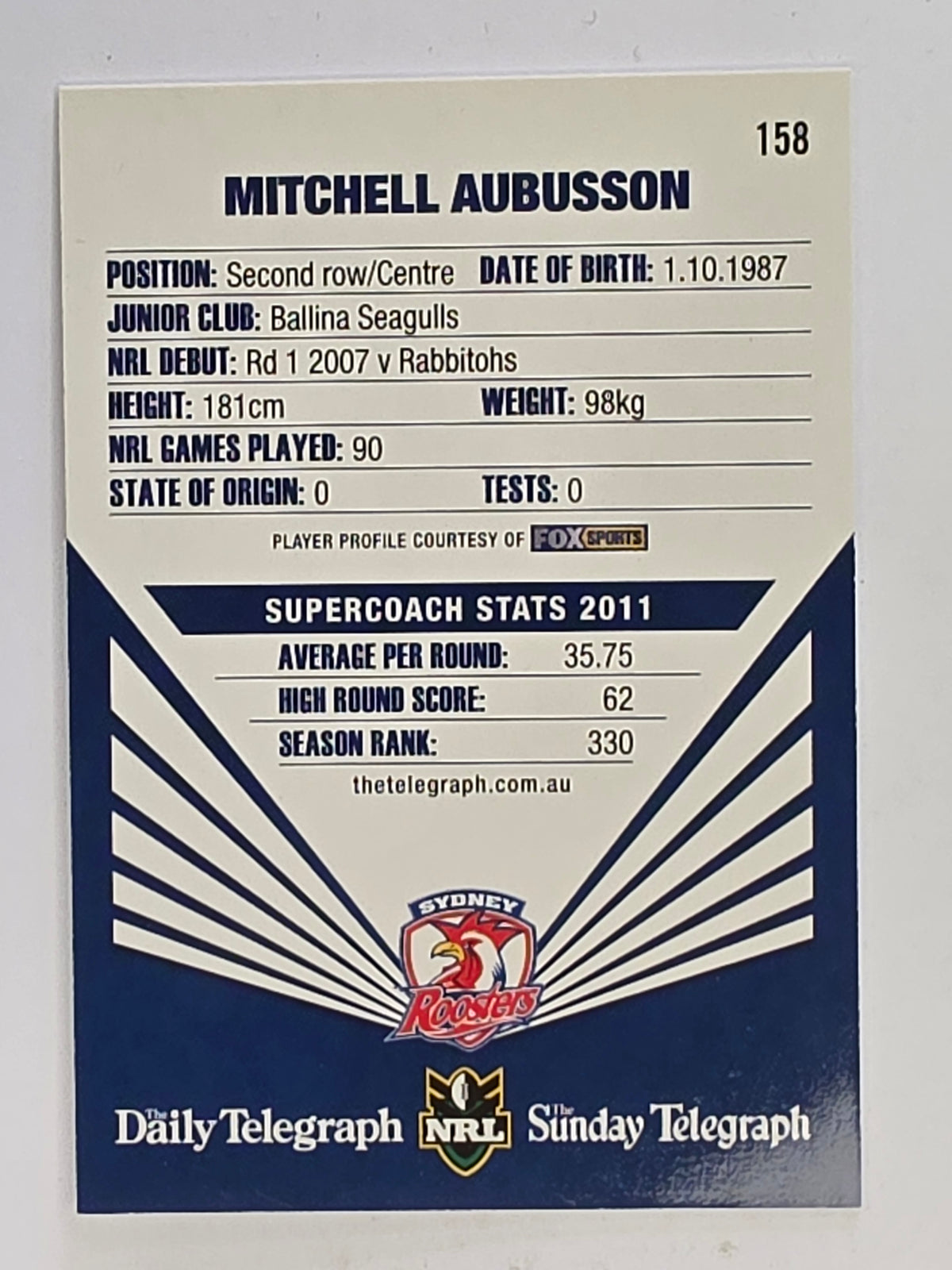 NRL 2012 Daily Telegraph | #158 Mitchell Aubusson | Sydney Roosters