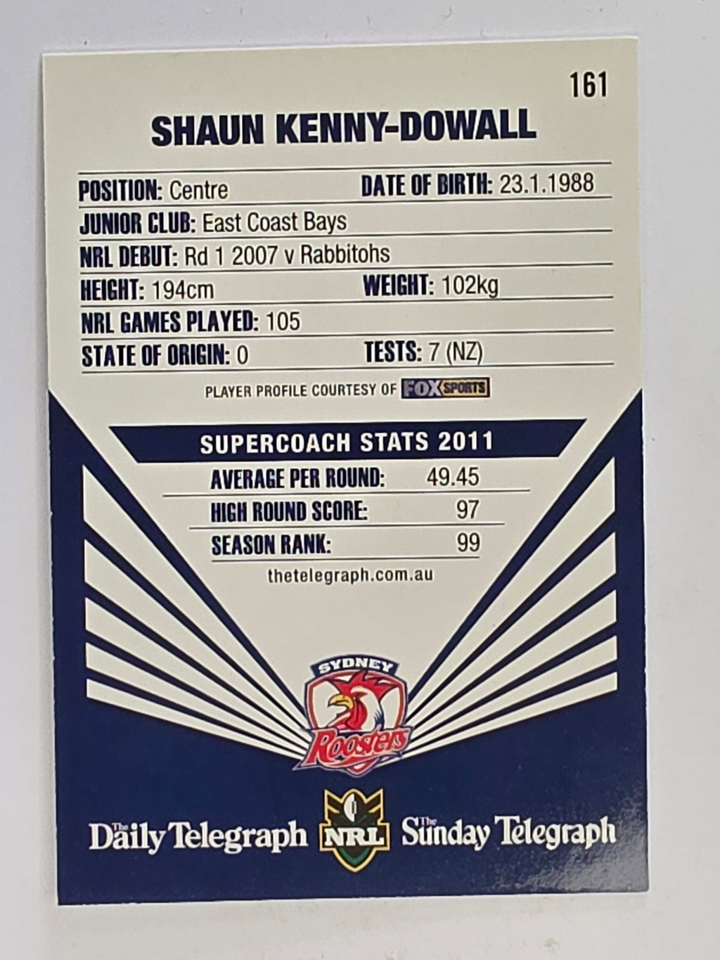 NRL 2012 Daily Telegraph | #161 Shaun Kenny-Dowall | Sydney Roosters