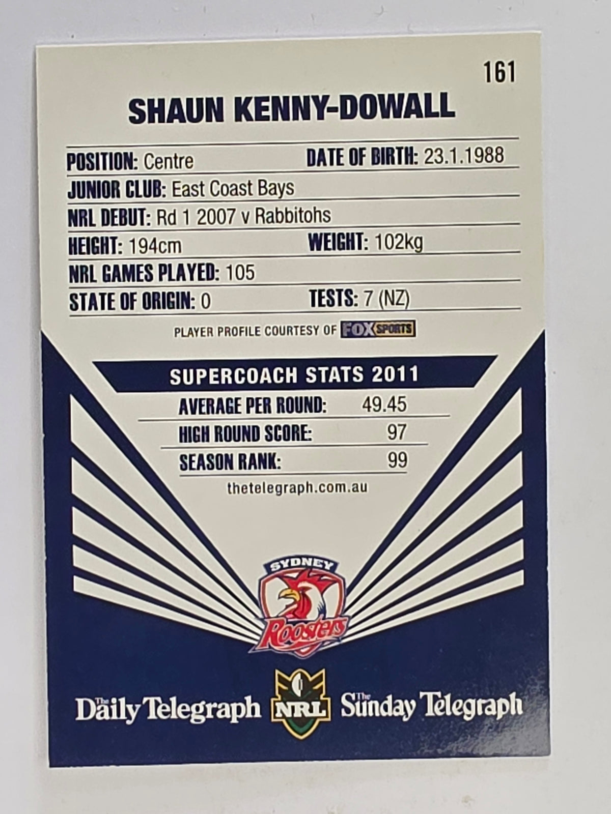 NRL 2012 Daily Telegraph | #161 Shaun Kenny-Dowall | Sydney Roosters