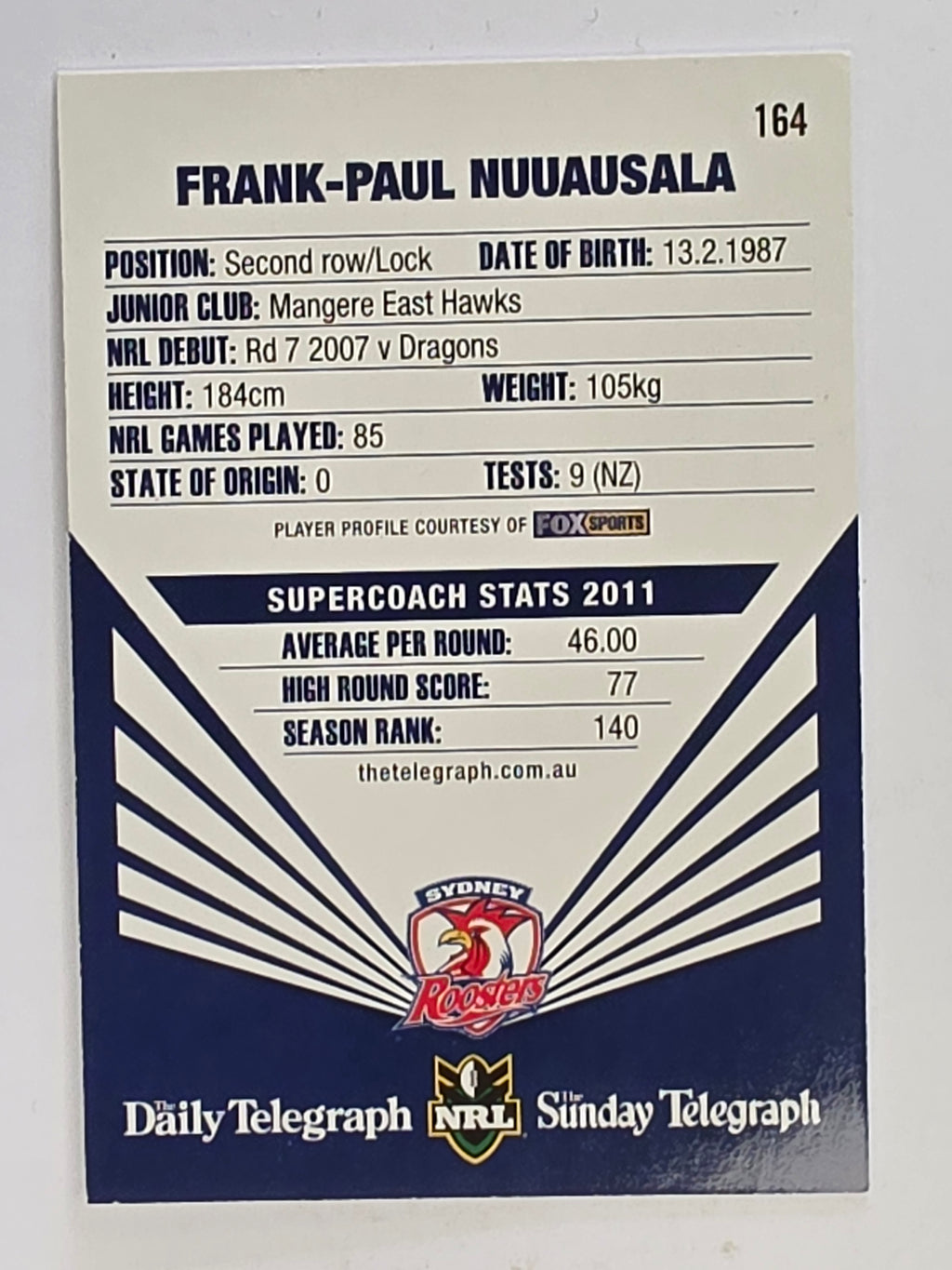 NRL 2012 Daily Telegraph | #164 Frank-Paul Nuuausala | Sydney Roosters