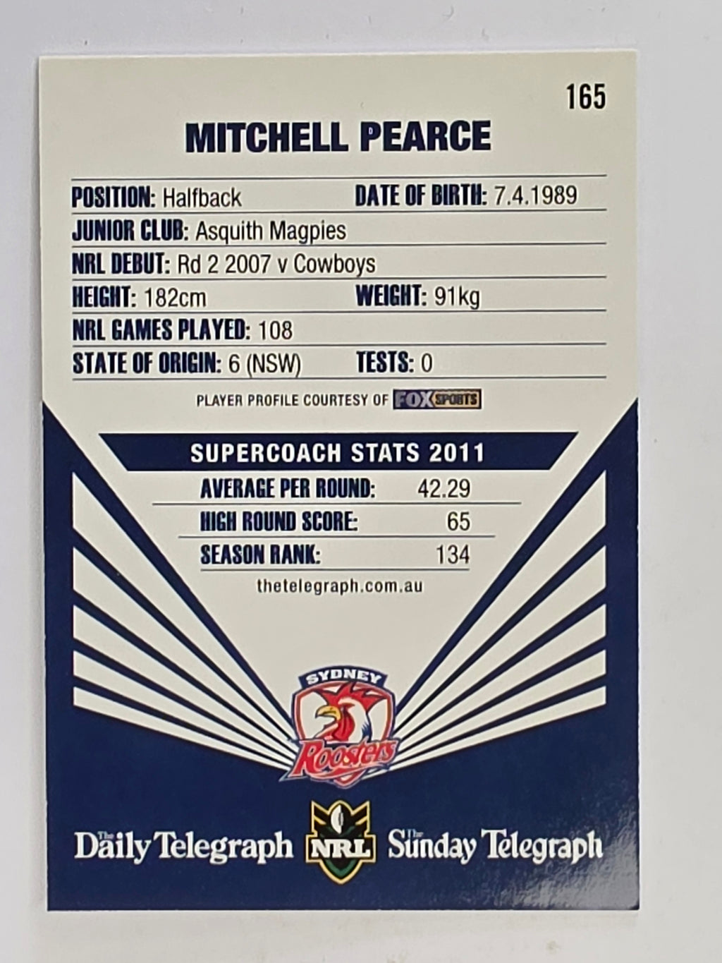 NRL 2012 Daily Telegraph | #165 Mitchell Pearce | Sydney Roosters