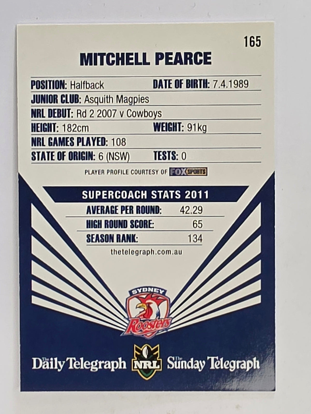 NRL 2012 Daily Telegraph | #165 Mitchell Pearce | Sydney Roosters