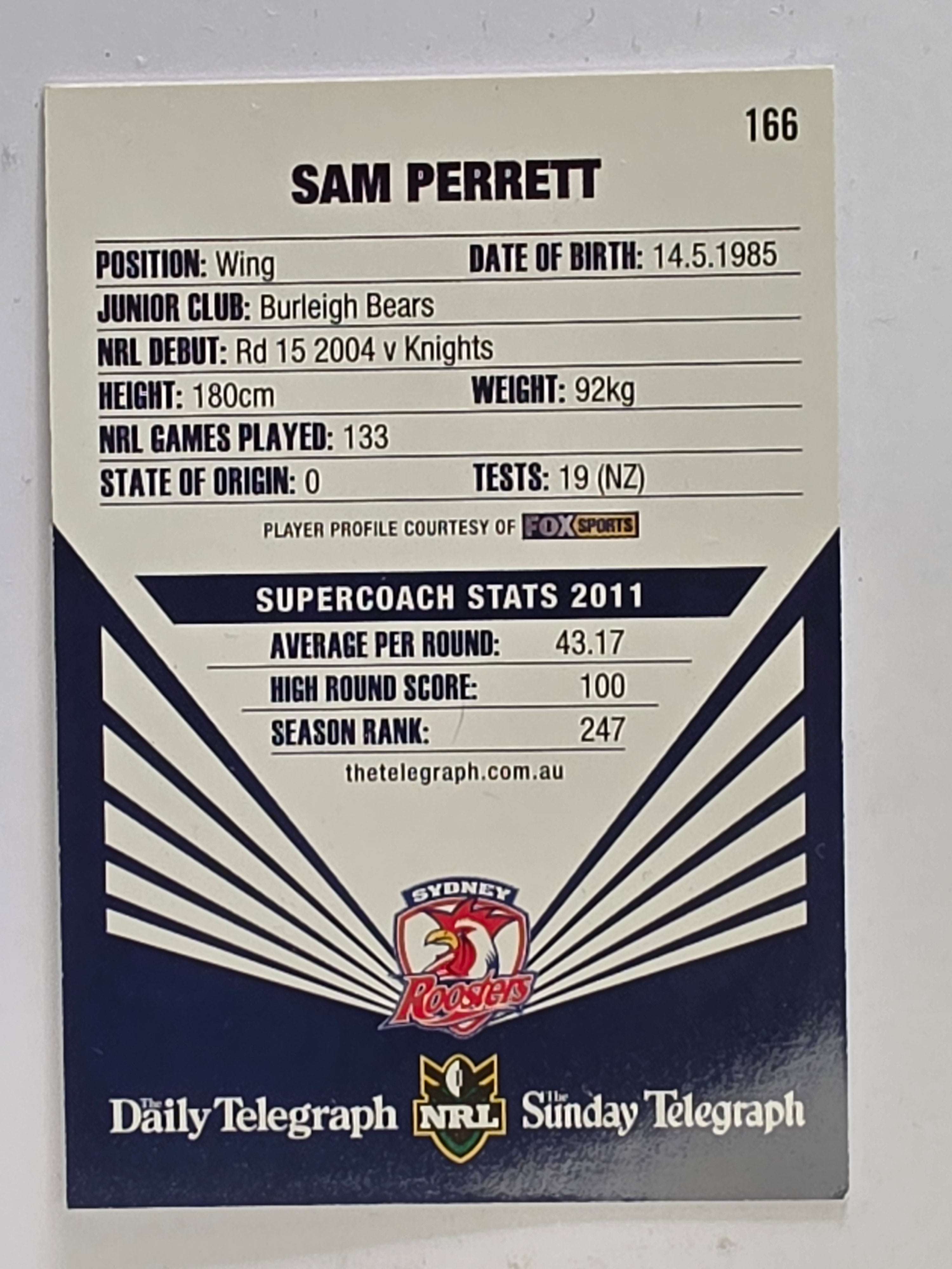 NRL 2012 Daily Telegraph | #166 Sam Perrett | Sydney Roosters