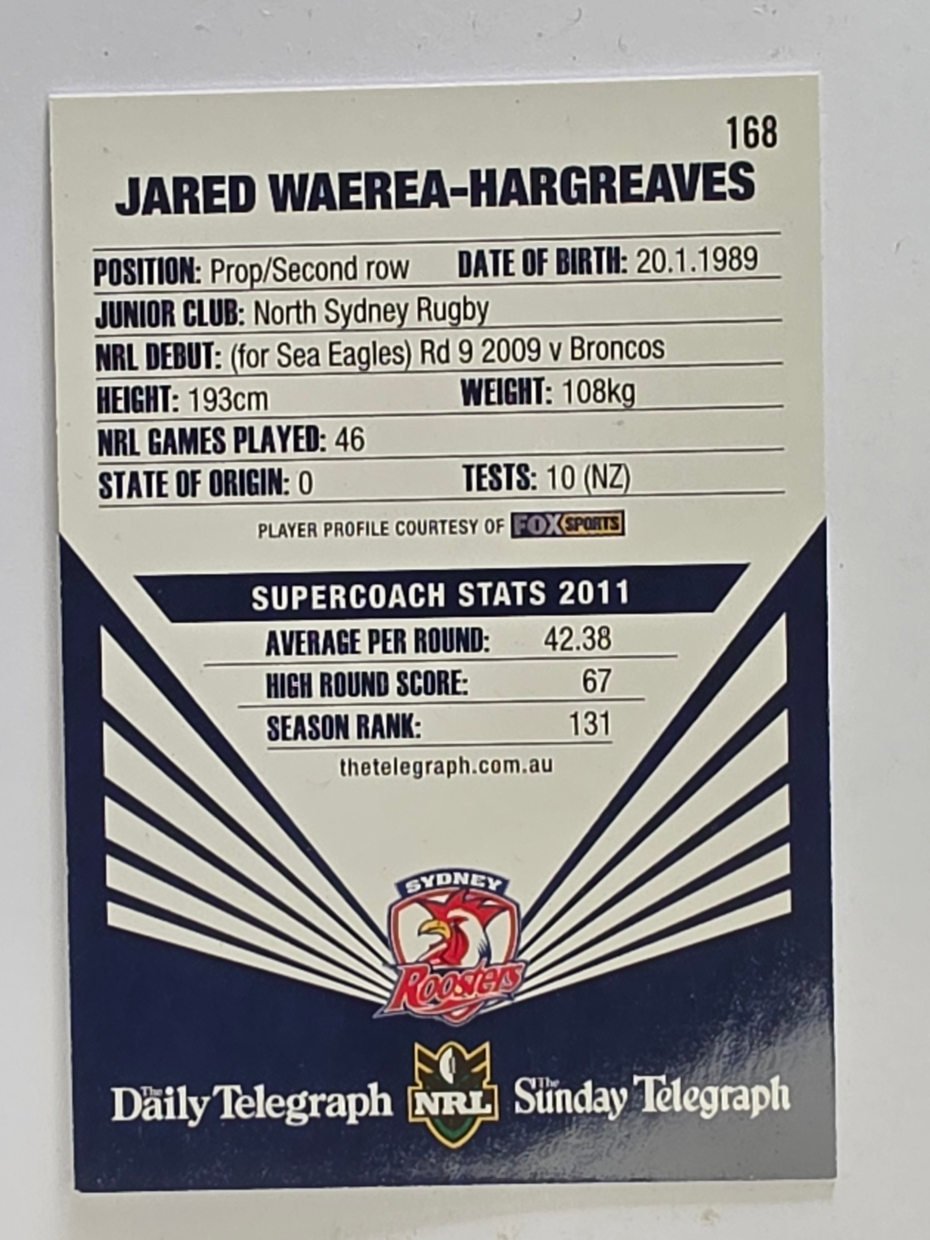 NRL 2012 Daily Telegraph | #168 Jared Waerea-Hargreaves | Sydney Roosters