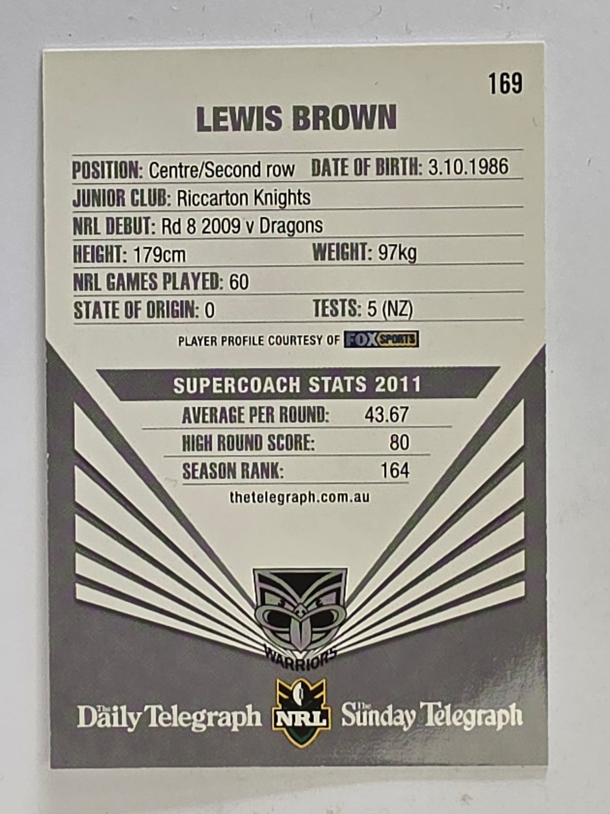 NRL 2012 Daily Telegraph | #169 Lewis Brown | New Zealand Warriors