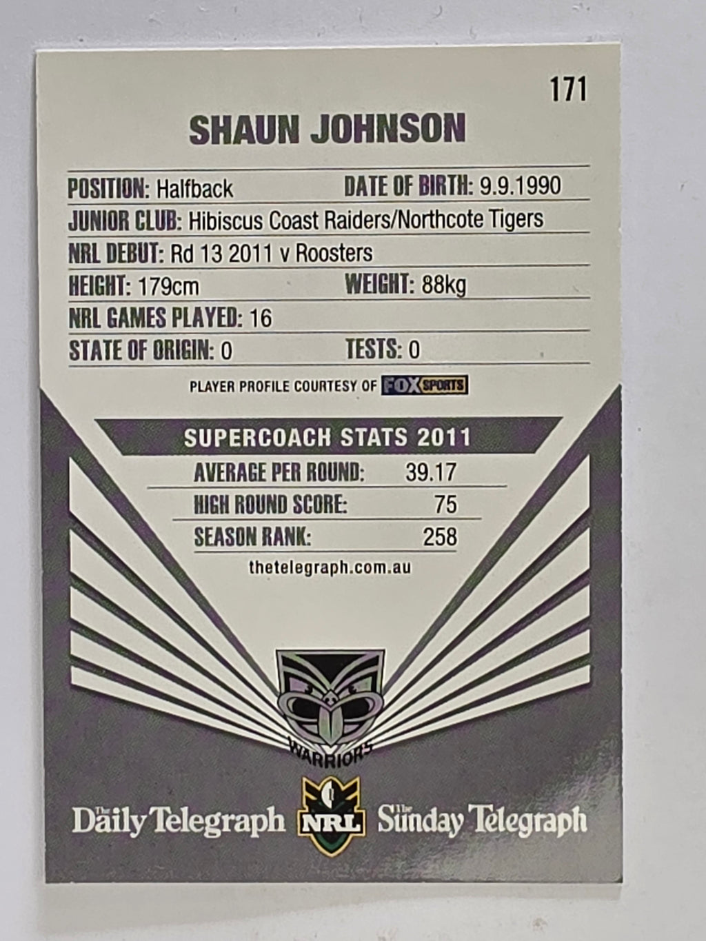 NRL 2012 Daily Telegraph | #171 Shaun Johnson | New Zealand Warriors
