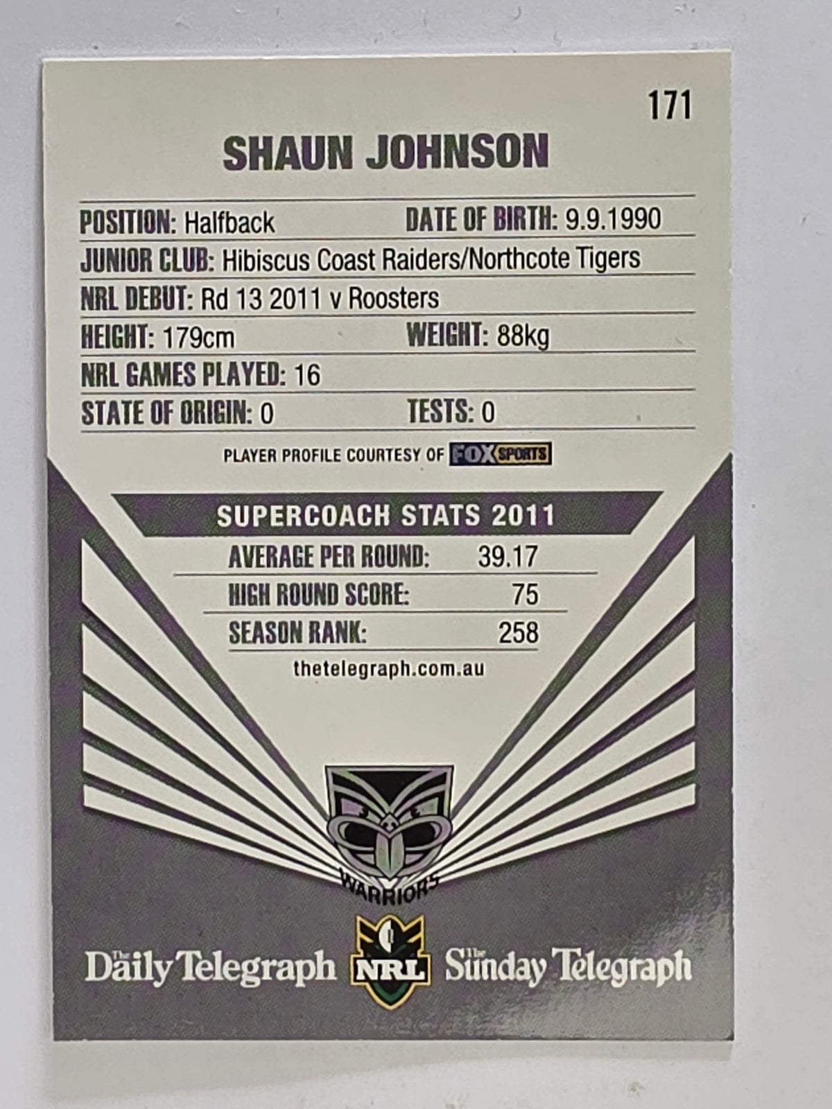 NRL 2012 Daily Telegraph | #171 Shaun Johnson | New Zealand Warriors