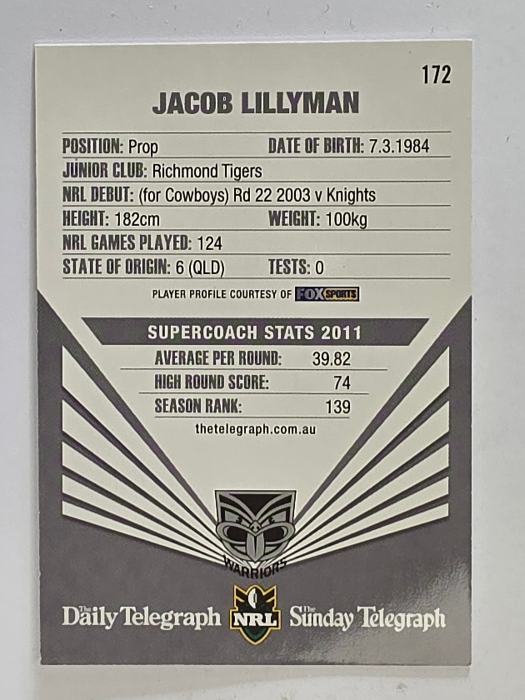 NRL 2012 Daily Telegraph | #172 Jacob Lillyman | New Zealand Warriors