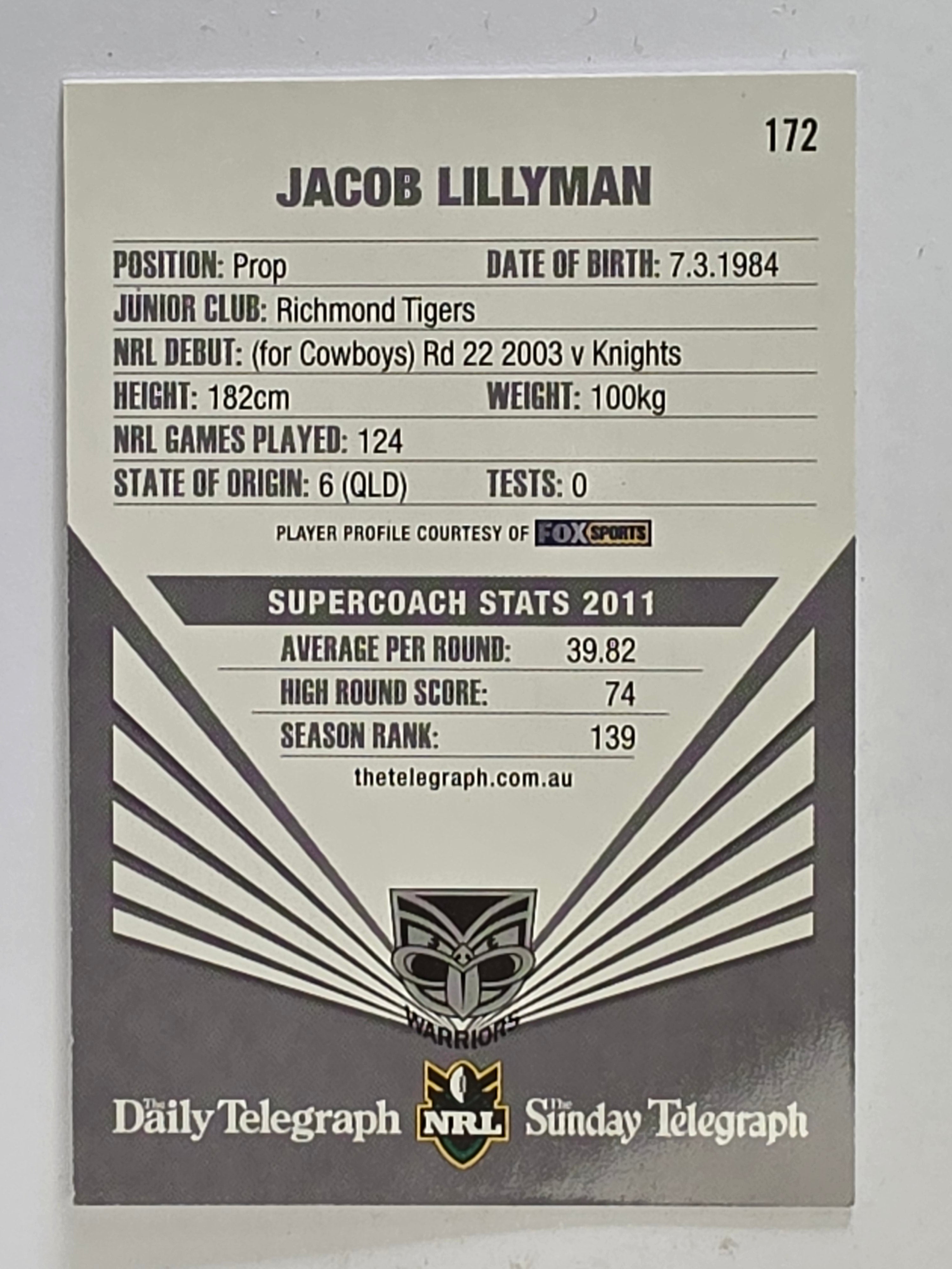 NRL 2012 Daily Telegraph | #172 Jacob Lillyman | New Zealand Warriors
