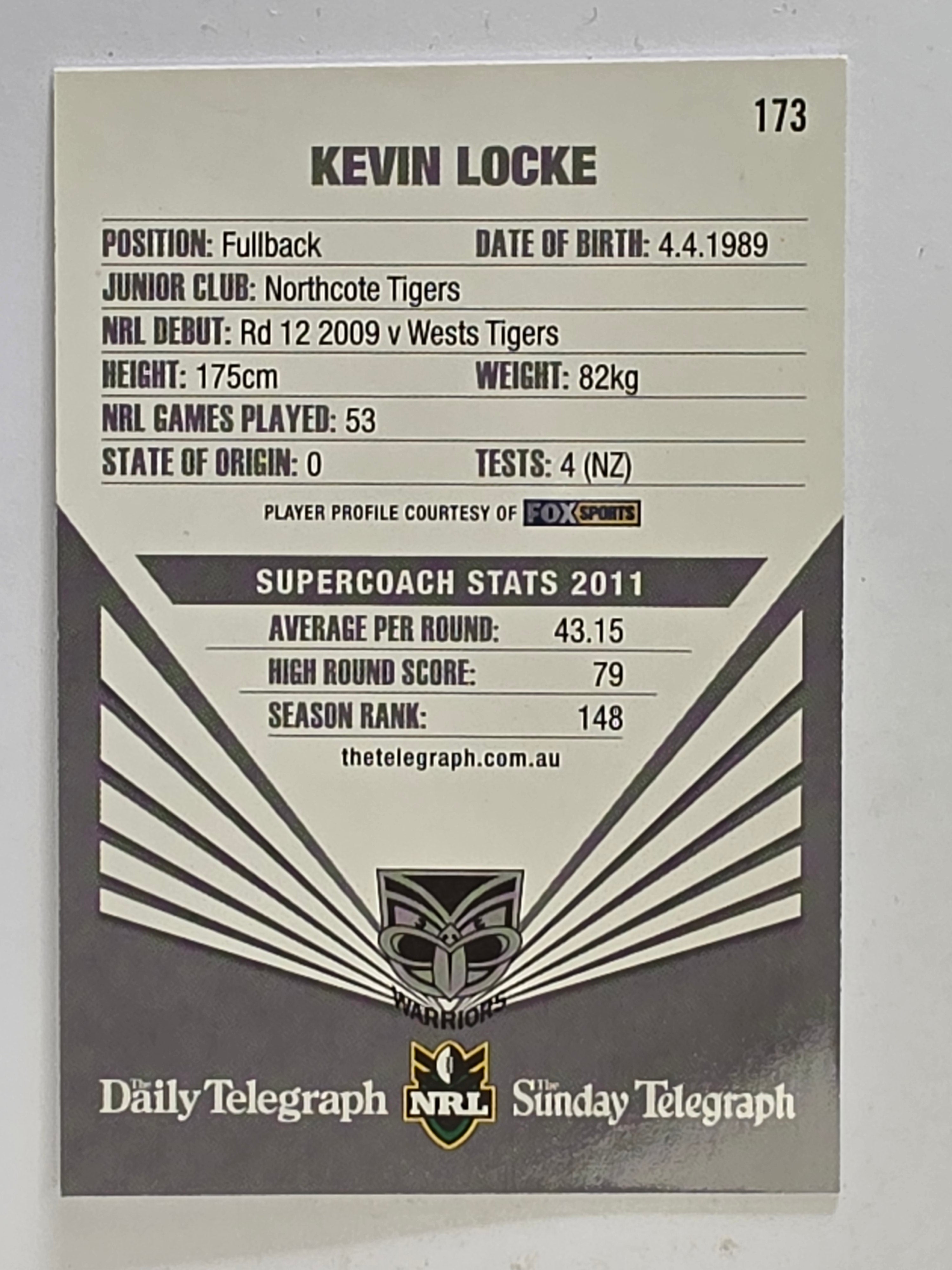 NRL 2012 Daily Telegraph | #173 Kevin Locke | New Zealand Warriors