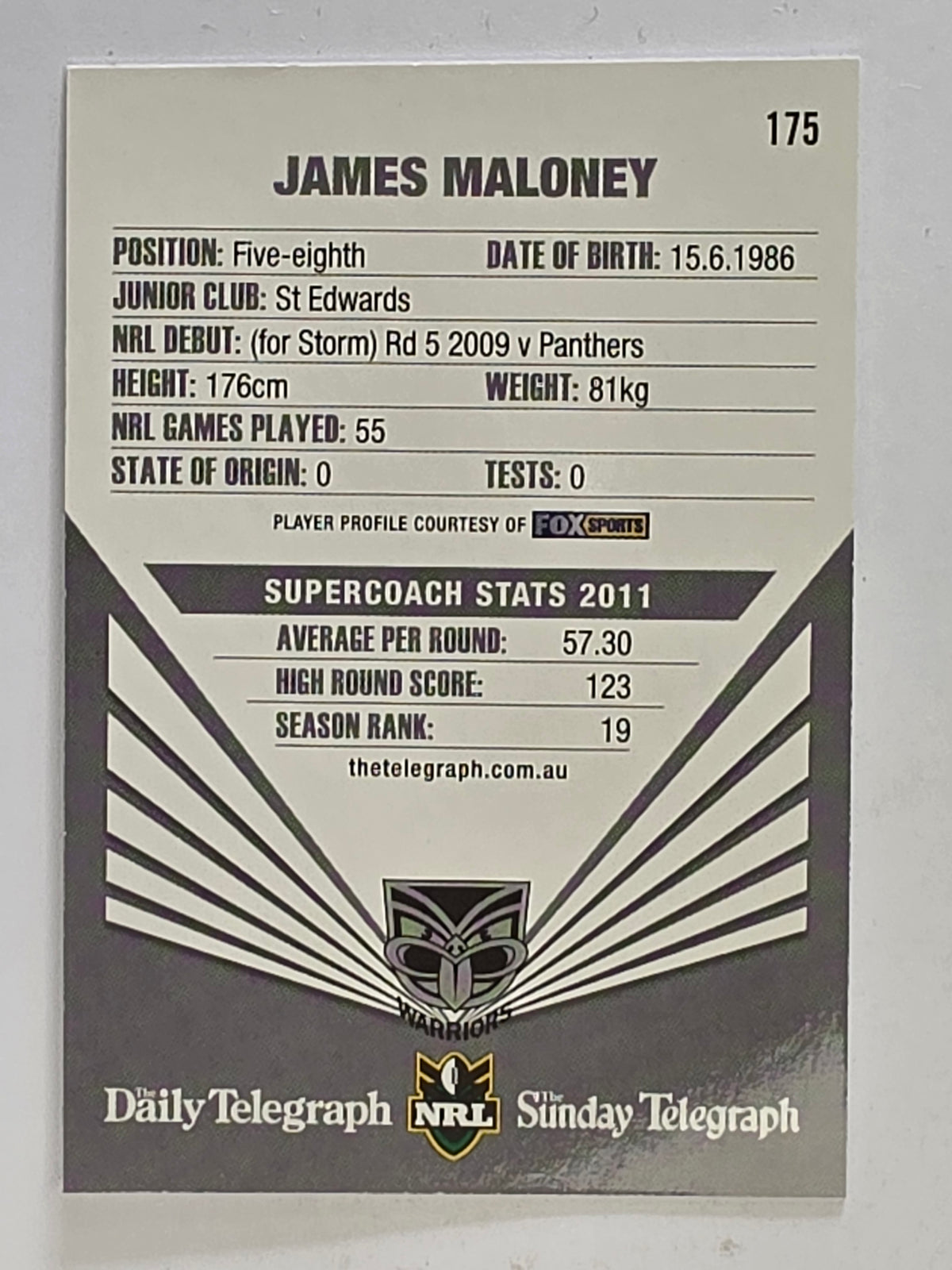 NRL 2012 Daily Telegraph | #175 James Maloney | New Zealand Warriors