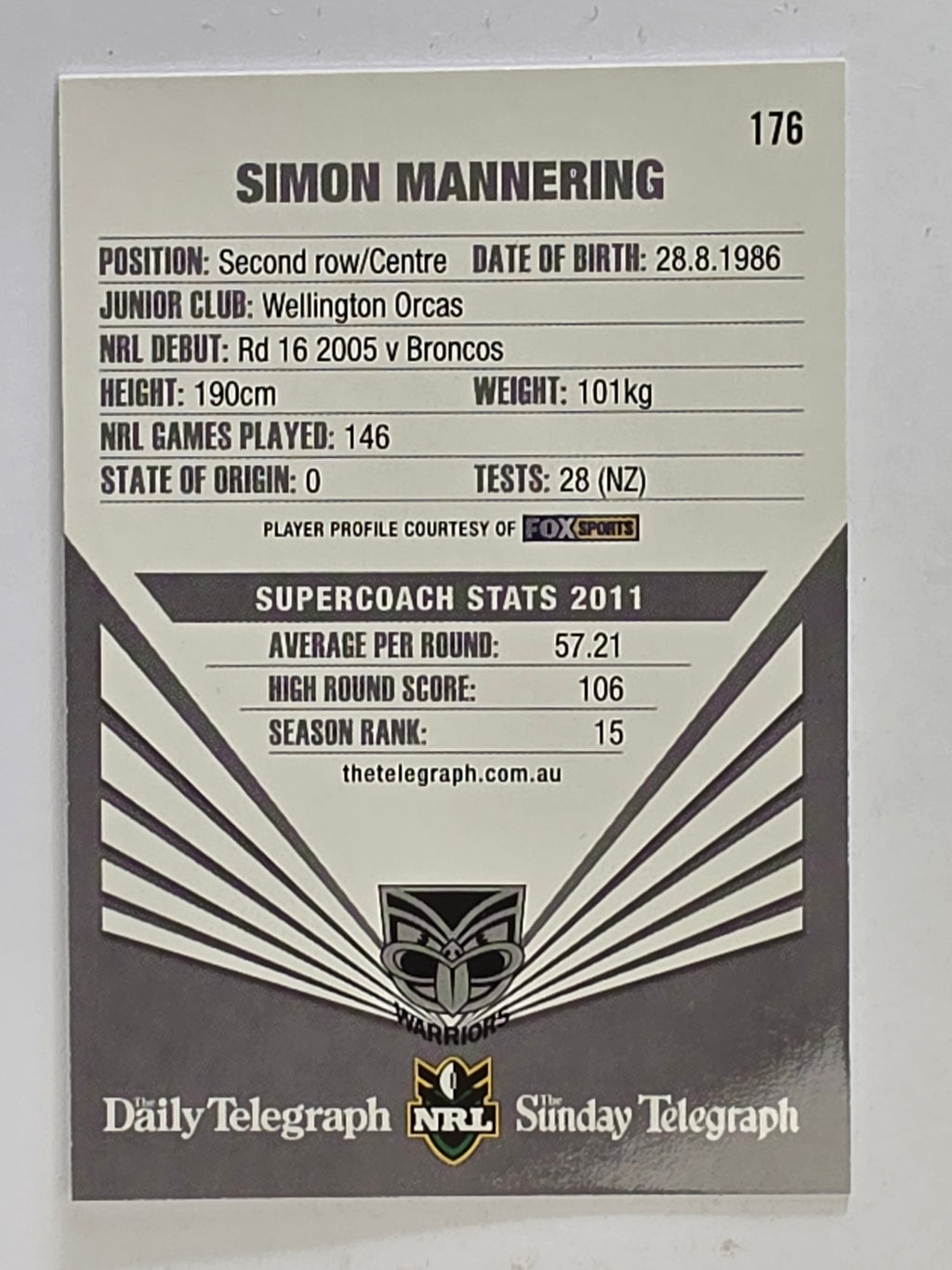 NRL 2012 Daily Telegraph | #176 Simon Mannering | New Zealand Warriors