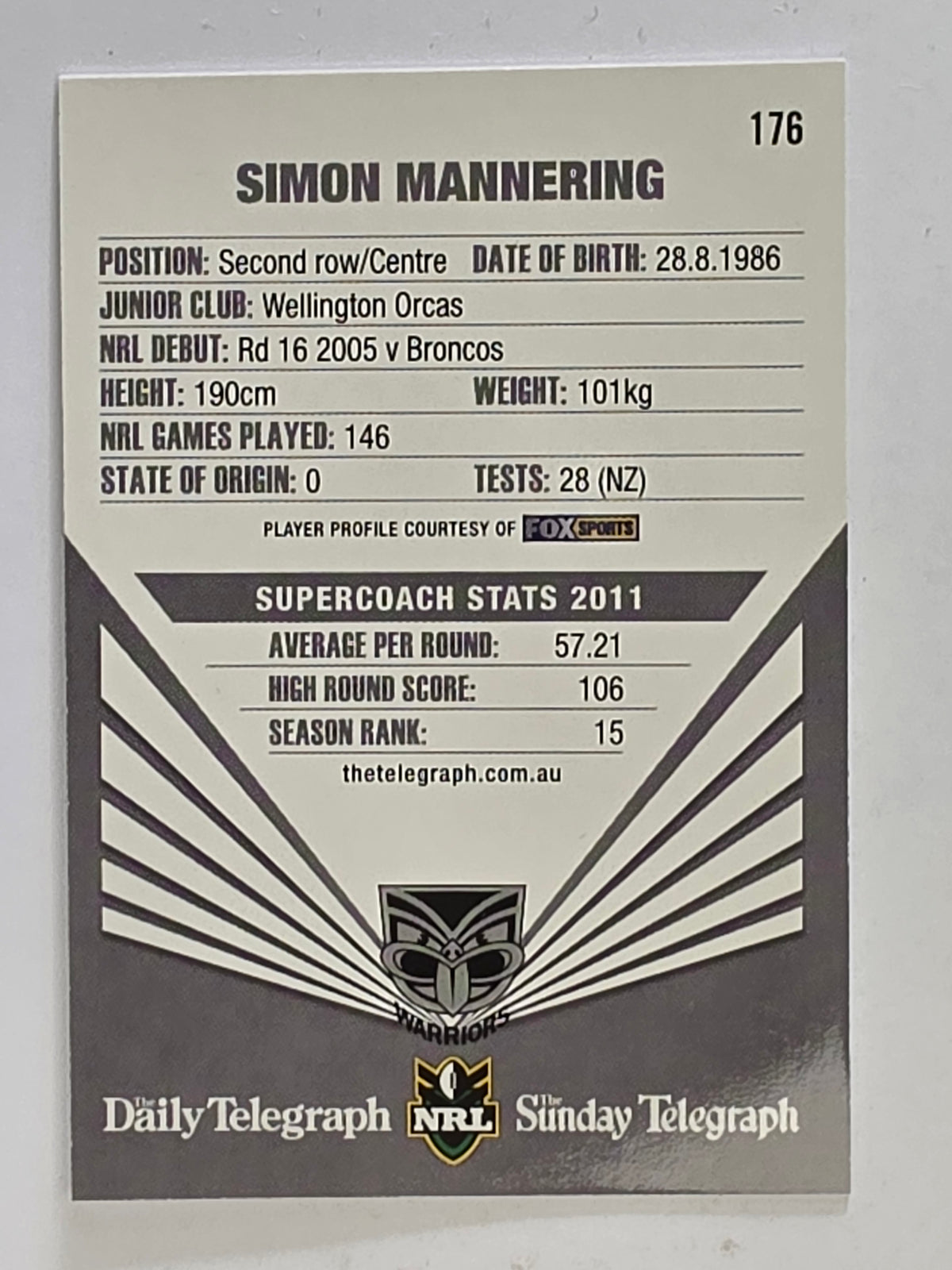 NRL 2012 Daily Telegraph | #176 Simon Mannering | New Zealand Warriors