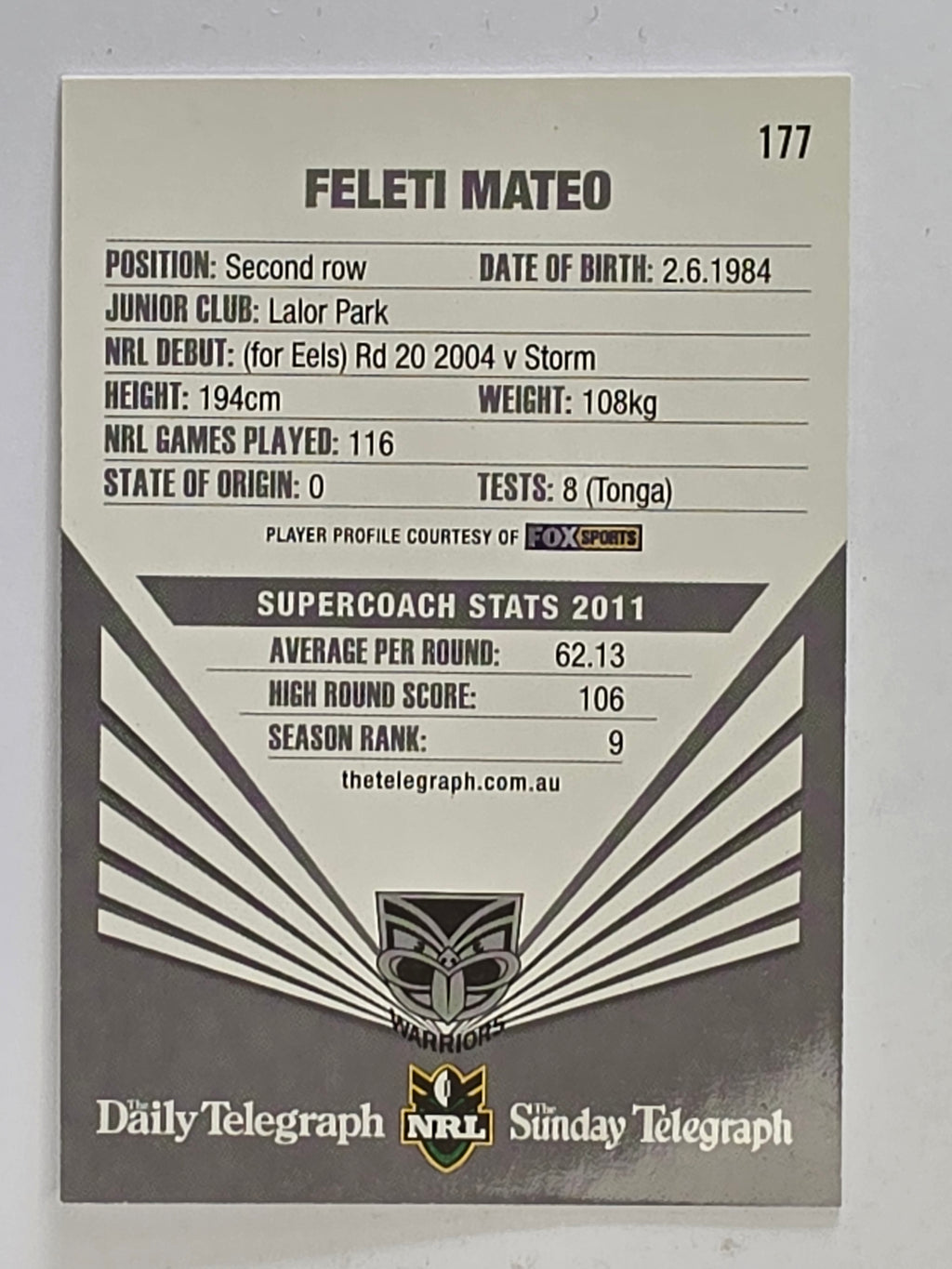 NRL 2012 Daily Telegraph | #177 Feleti Mateo | New Zealand Warriors