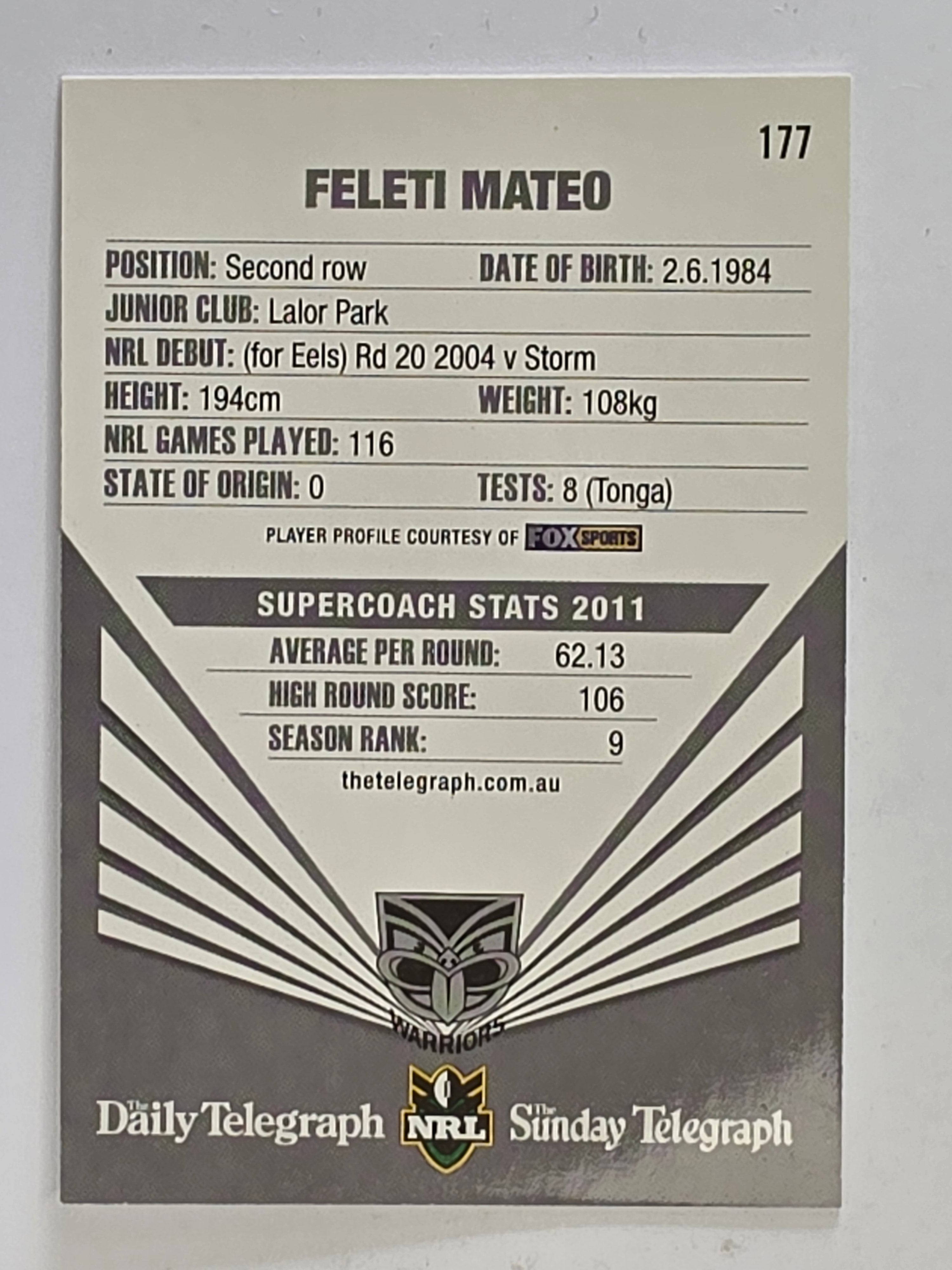 NRL 2012 Daily Telegraph | #177 Feleti Mateo | New Zealand Warriors