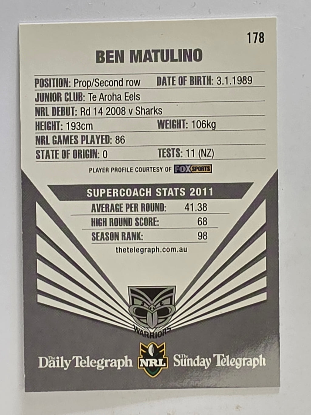NRL 2012 Daily Telegraph | #178 Ben Matulino | New Zealand Warriors