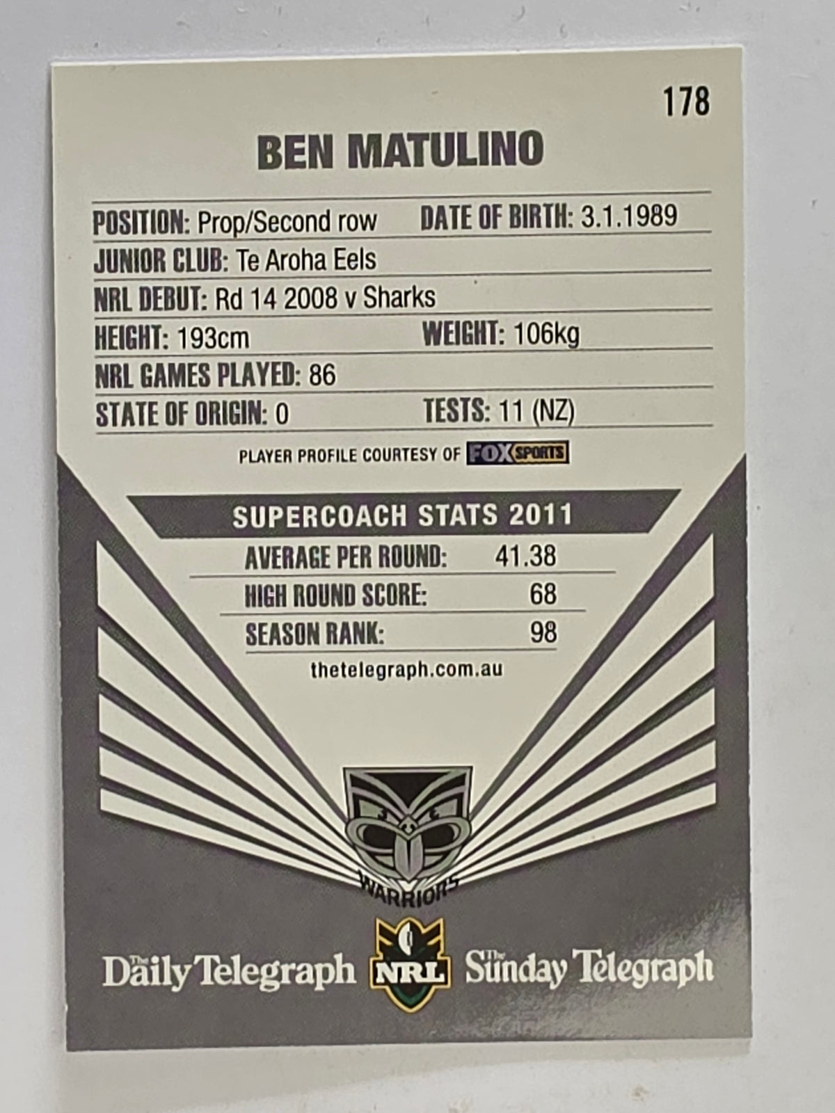 NRL 2012 Daily Telegraph | #178 Ben Matulino | New Zealand Warriors