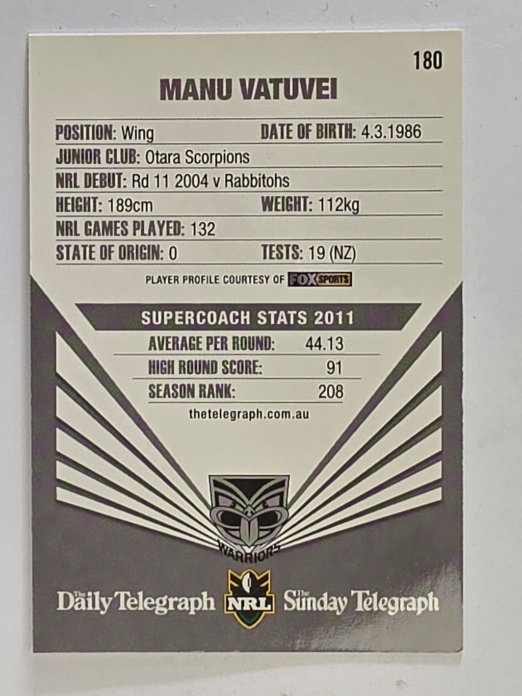 NRL 2012 Daily Telegraph | #180 Manu Vatuvei | New Zealand Warriors
