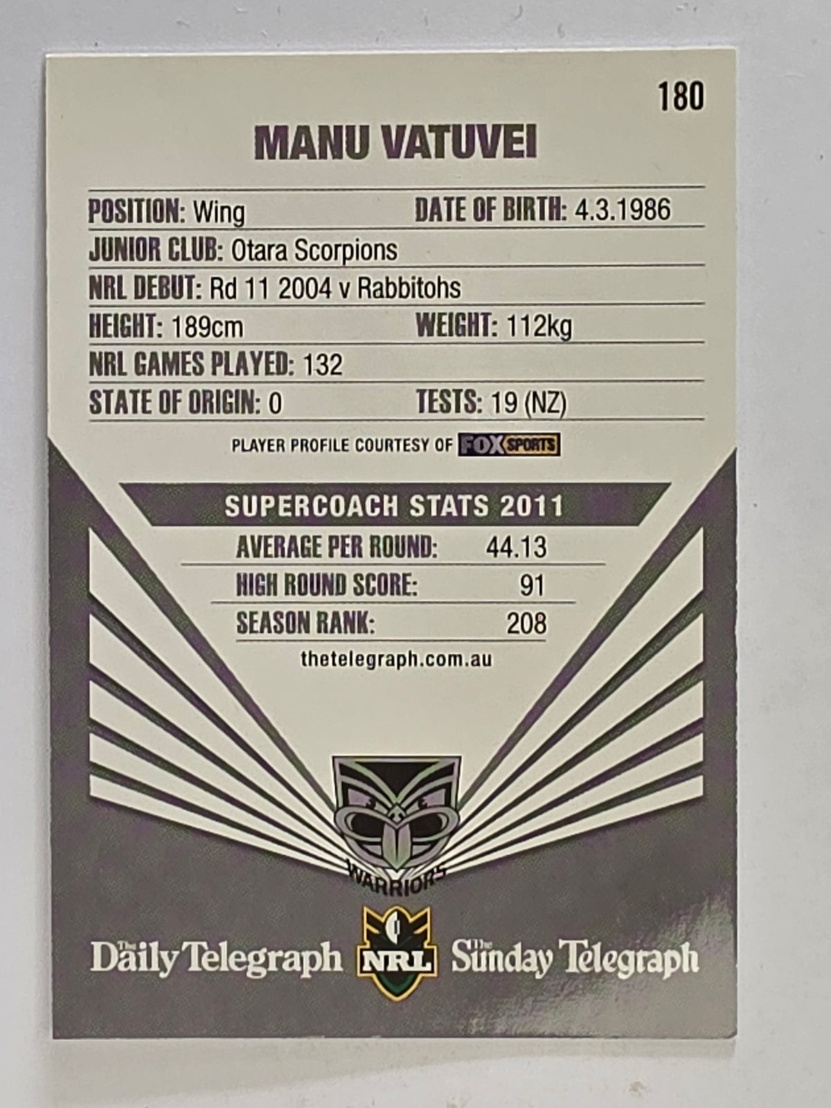 NRL 2012 Daily Telegraph | #180 Manu Vatuvei | New Zealand Warriors