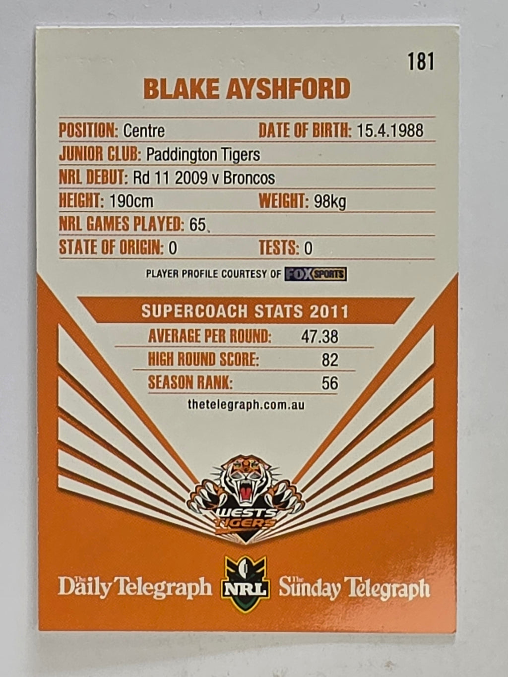NRL 2012 Daily Telegraph | #181 Blake Ayshford | Wests Tigers