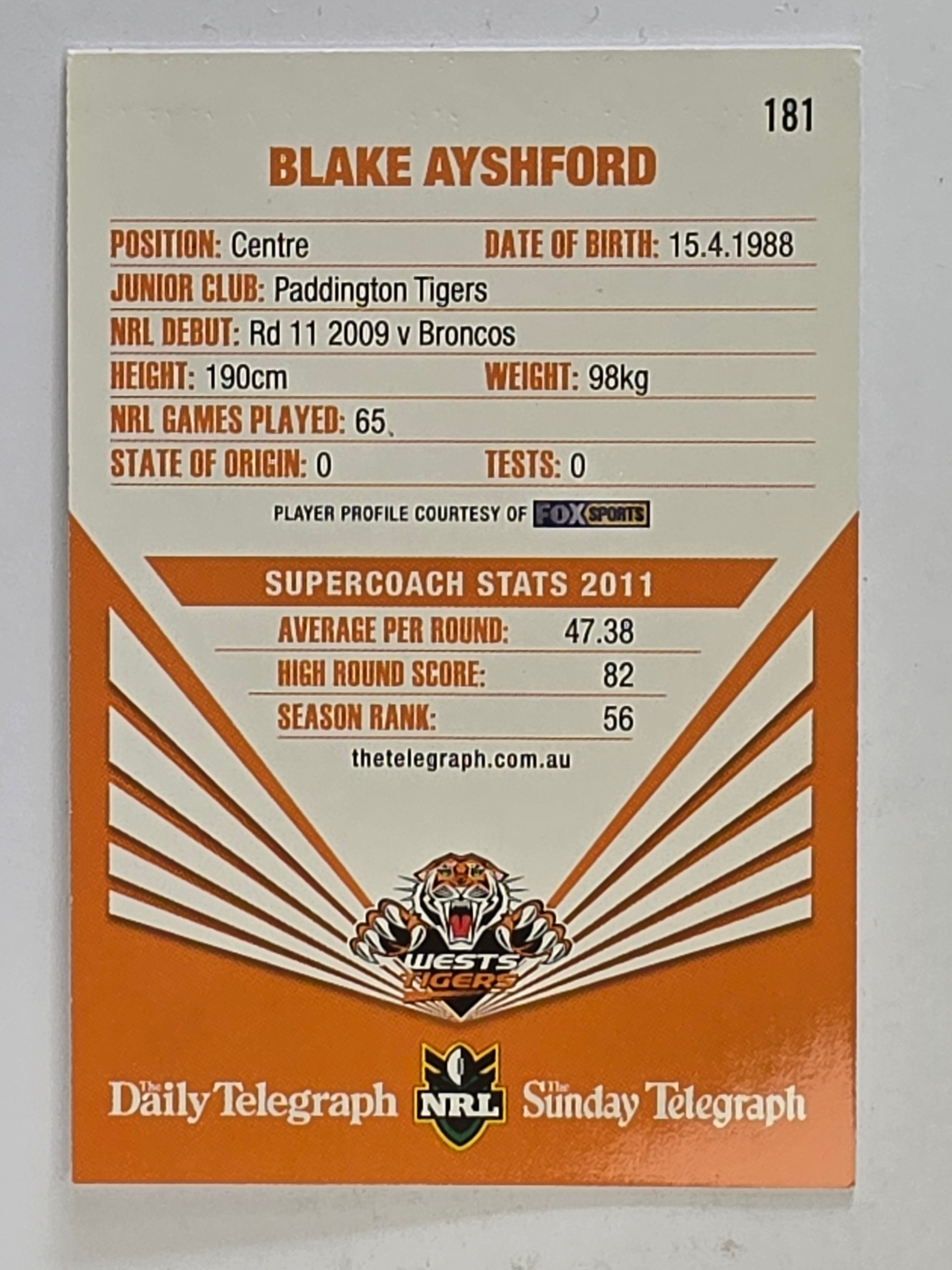 NRL 2012 Daily Telegraph | #181 Blake Ayshford | Wests Tigers