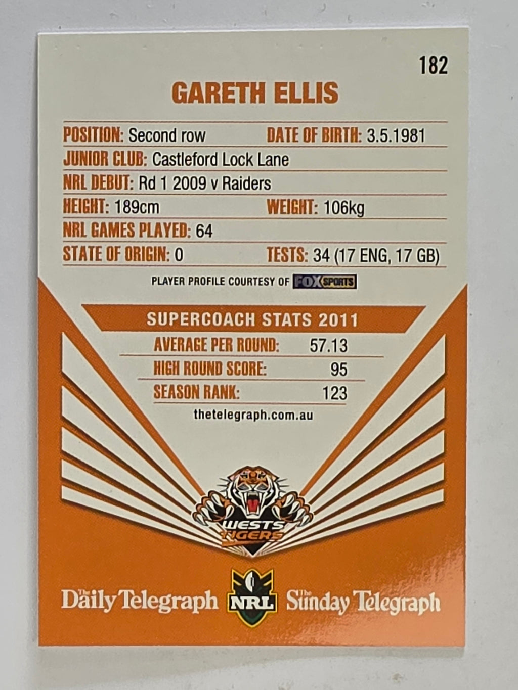 NRL 2012 Daily Telegraph | #182 Gareth Ellis | Wests Tigers