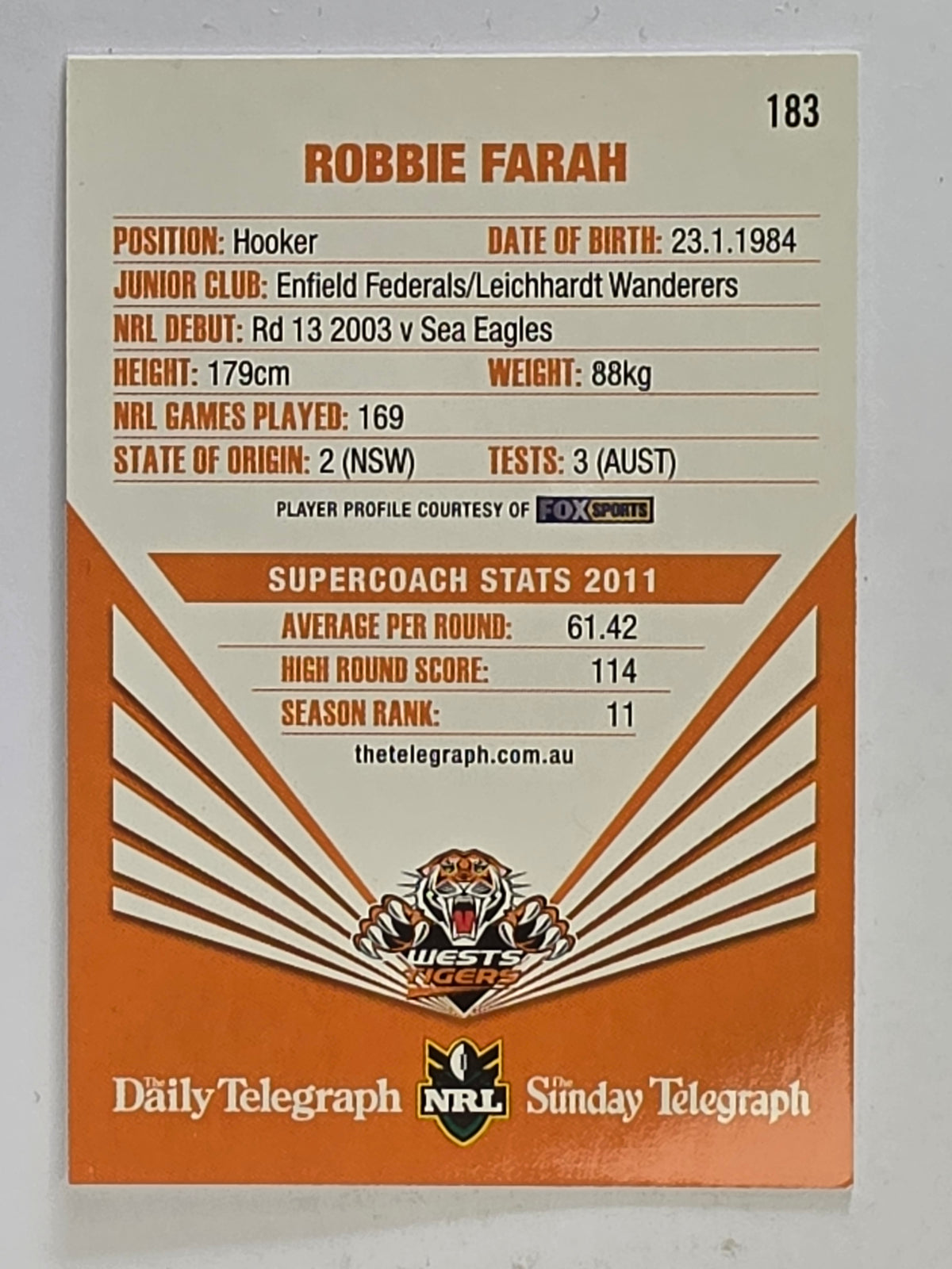 NRL 2012 Daily Telegraph | #183 Robbie Farah | Wests Tigers