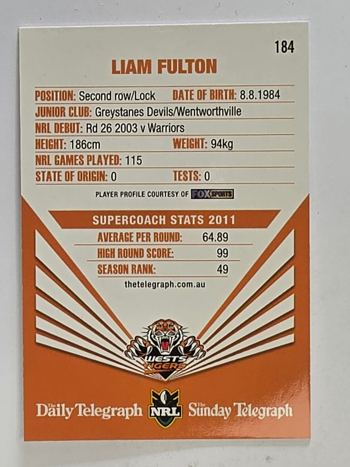 NRL 2012 Daily Telegraph | #184 Liam Fulton | Wests Tigers
