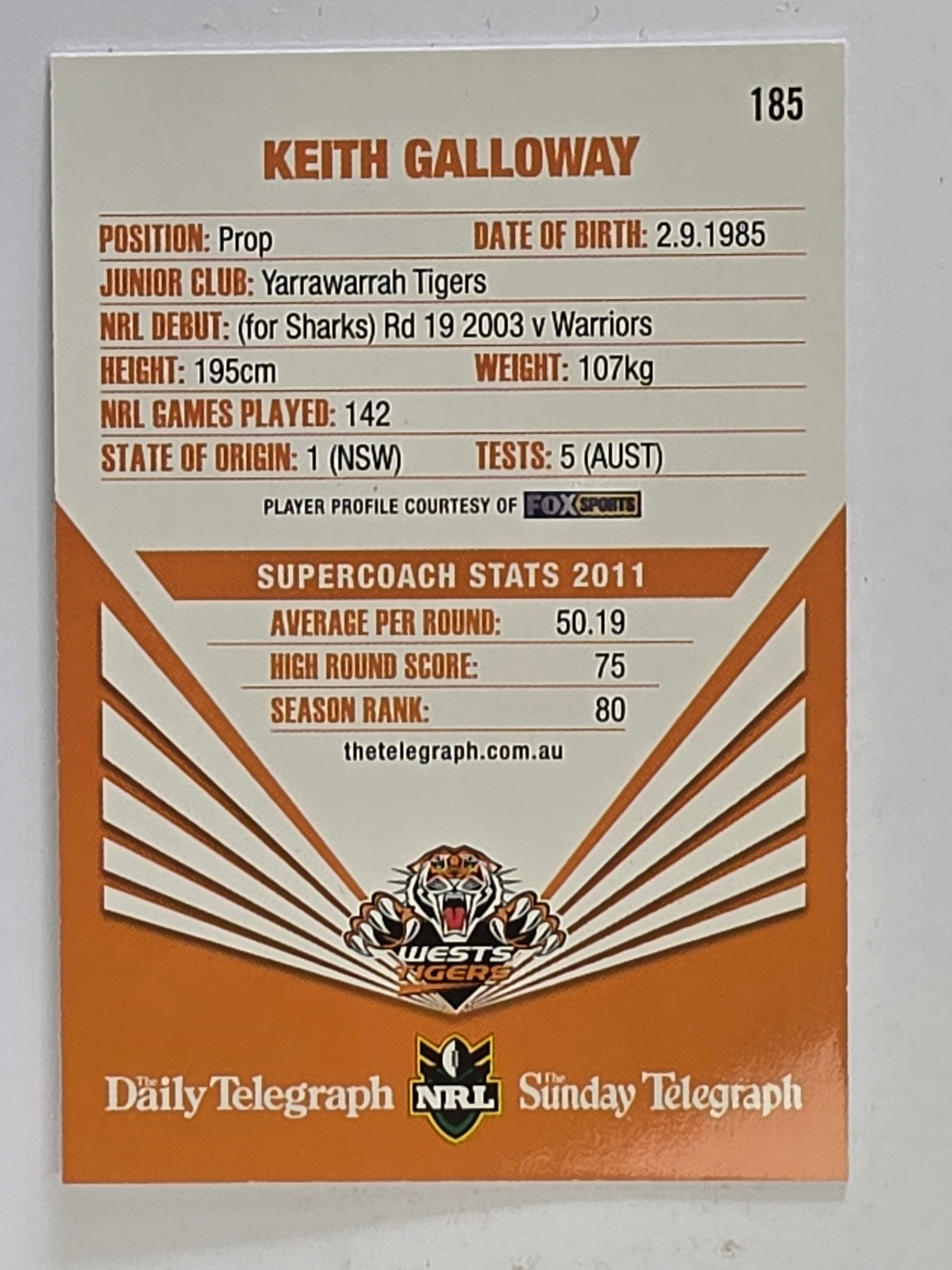 NRL 2012 Daily Telegraph | #185 Keith Galloway | Wests Tigers
