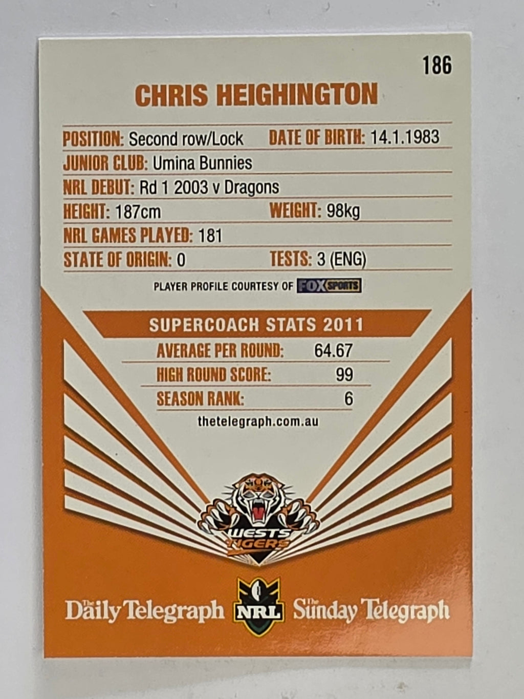 NRL 2012 Daily Telegraph | #186 Chris Heighington | Wests Tigers