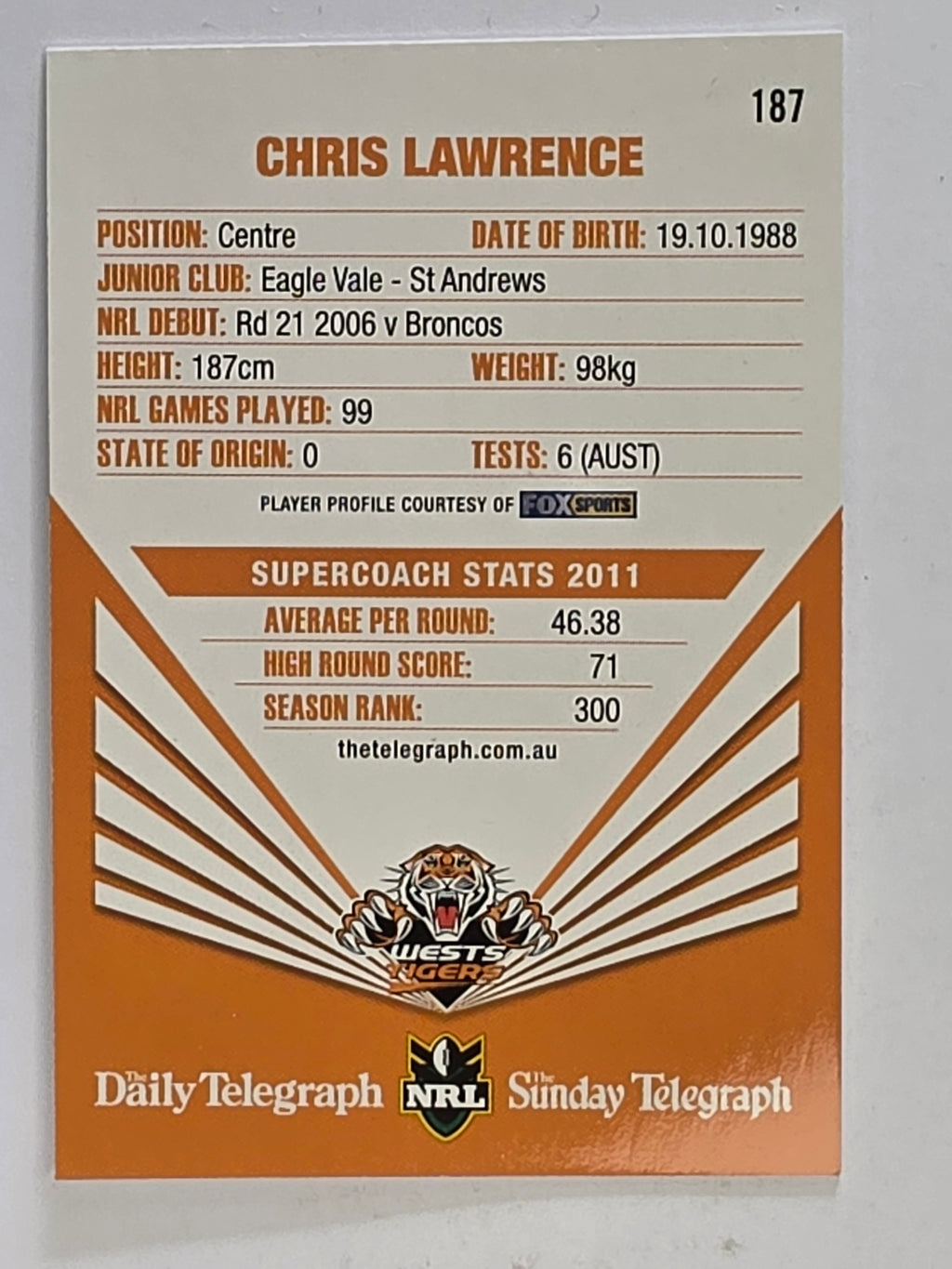 NRL 2012 Daily Telegraph | #187 Chris Lawrence | Wests Tigers