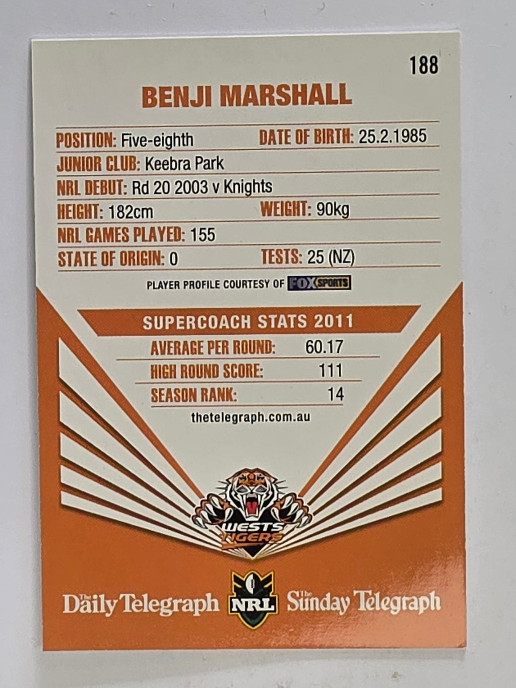 NRL 2012 Daily Telegraph | #188 Benji Marshall | Wests Tigers