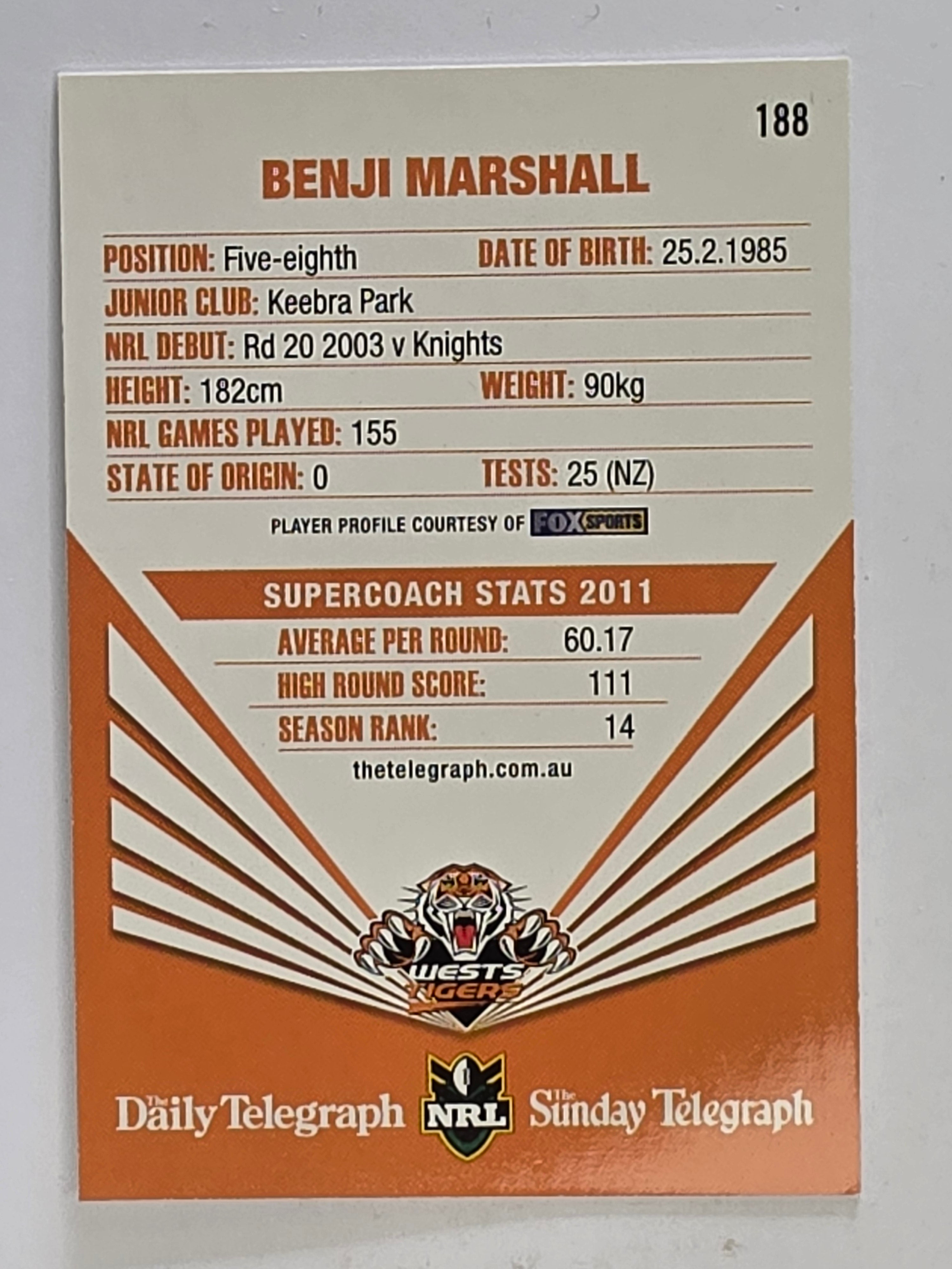 NRL 2012 Daily Telegraph | #188 Benji Marshall | Wests Tigers