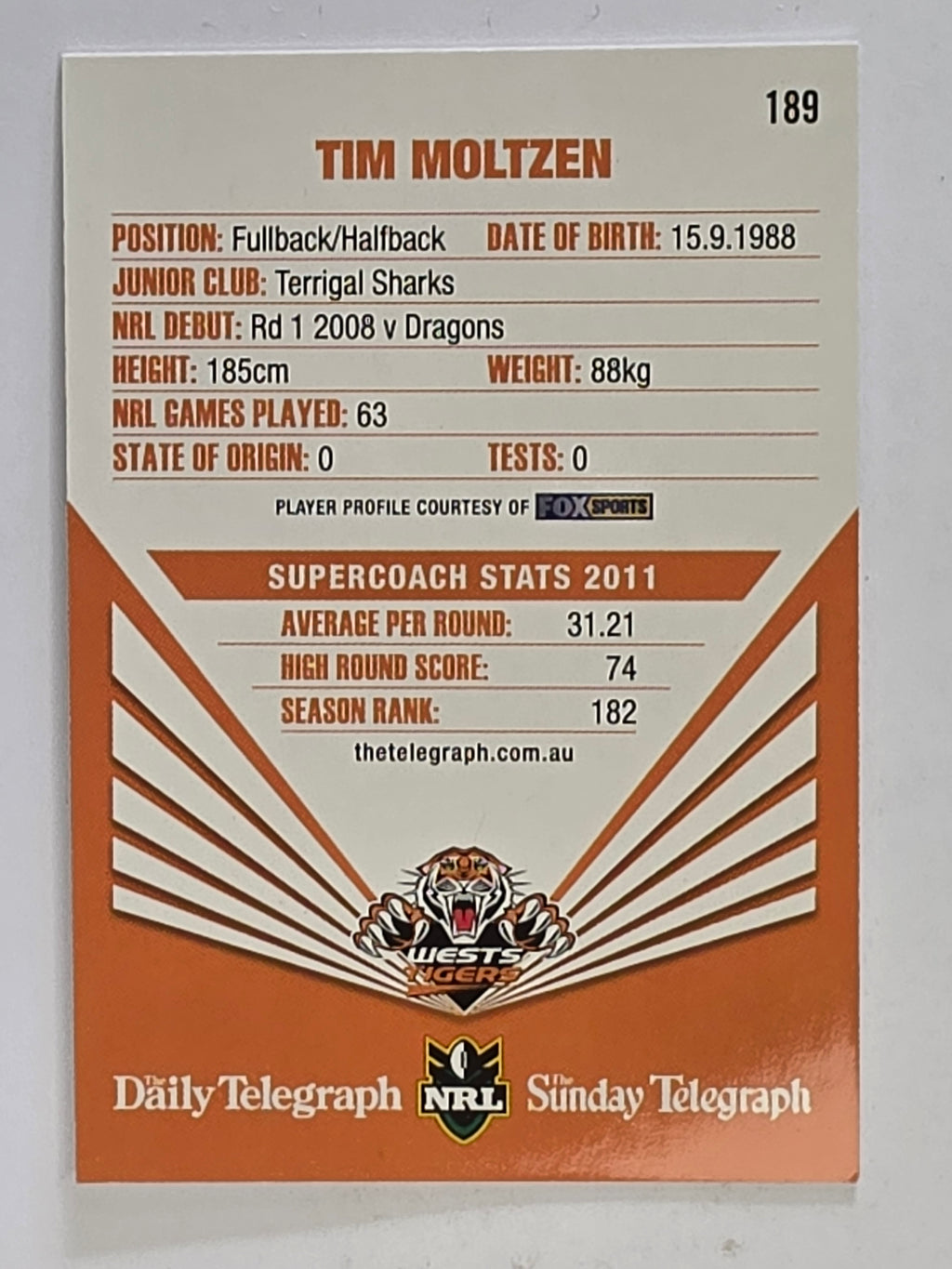 NRL 2012 Daily Telegraph | #189 Tim Moltzen | Wests Tigers