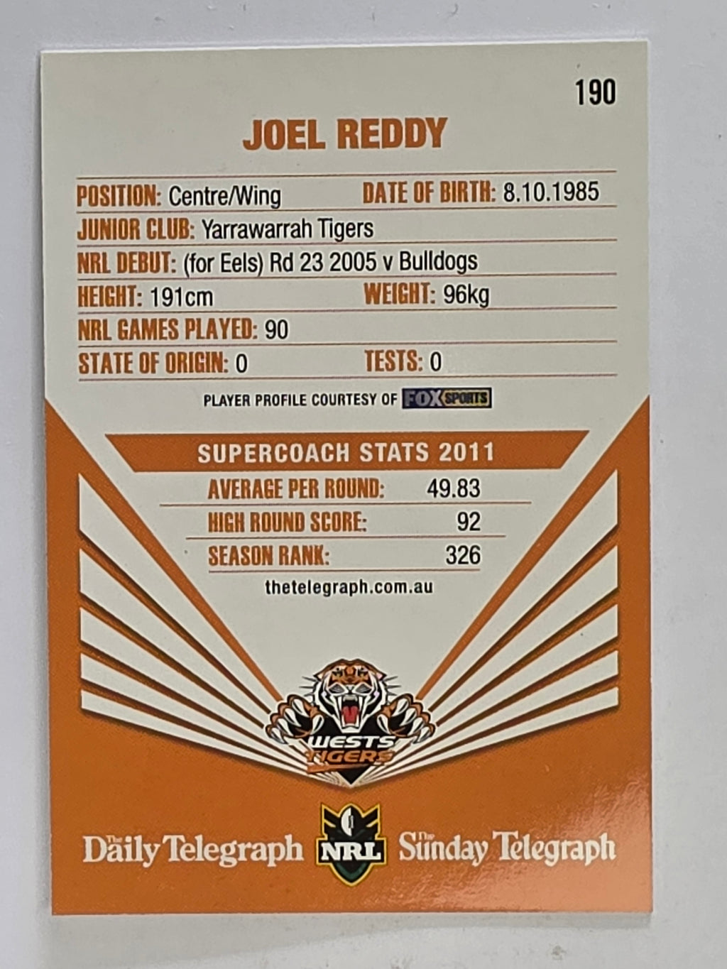 NRL 2012 Daily Telegraph | #190 Joel Reddy | Wests Tigers