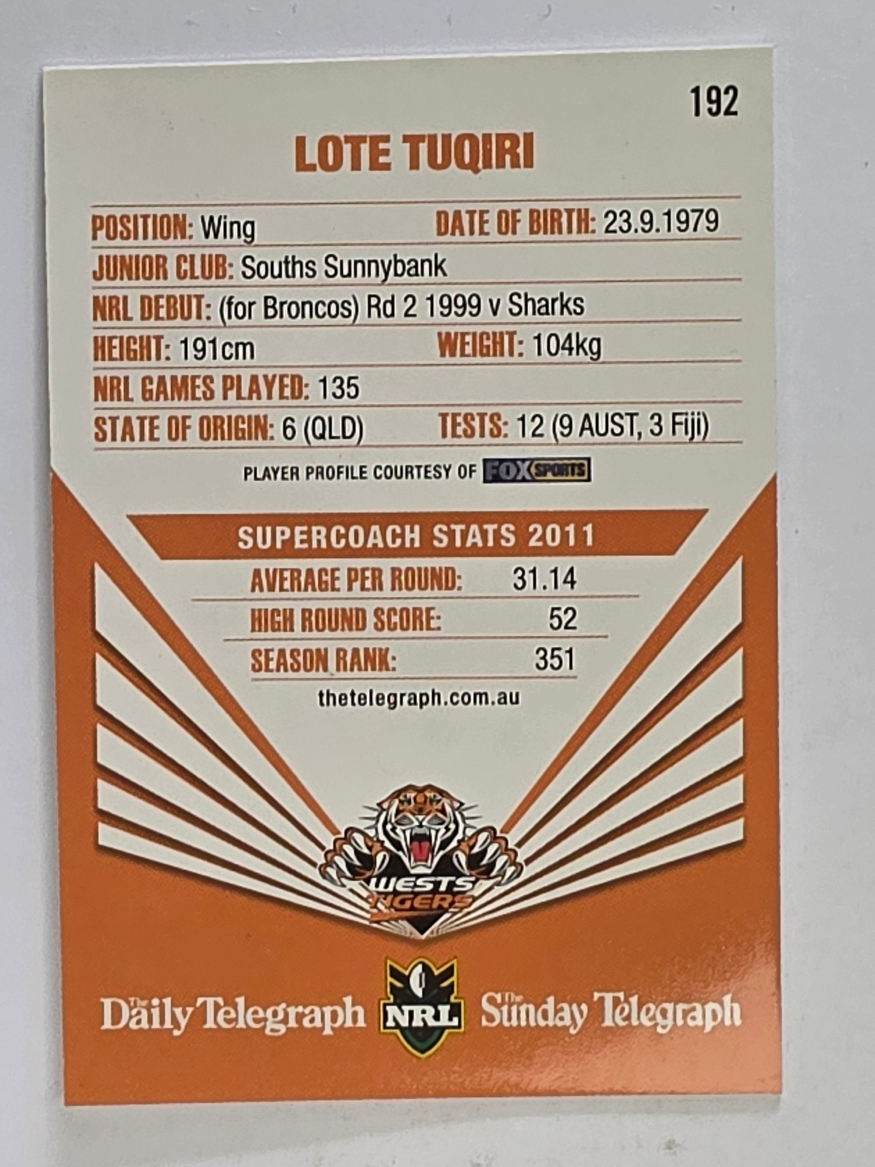 NRL 2012 Daily Telegraph | #192 Lote Tuqiri | Wests Tigers