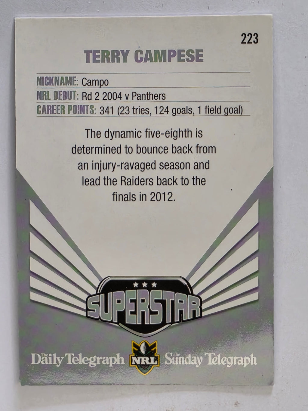 NRL 2012 Daily Telegraph | #223 Terry Campese Superstar