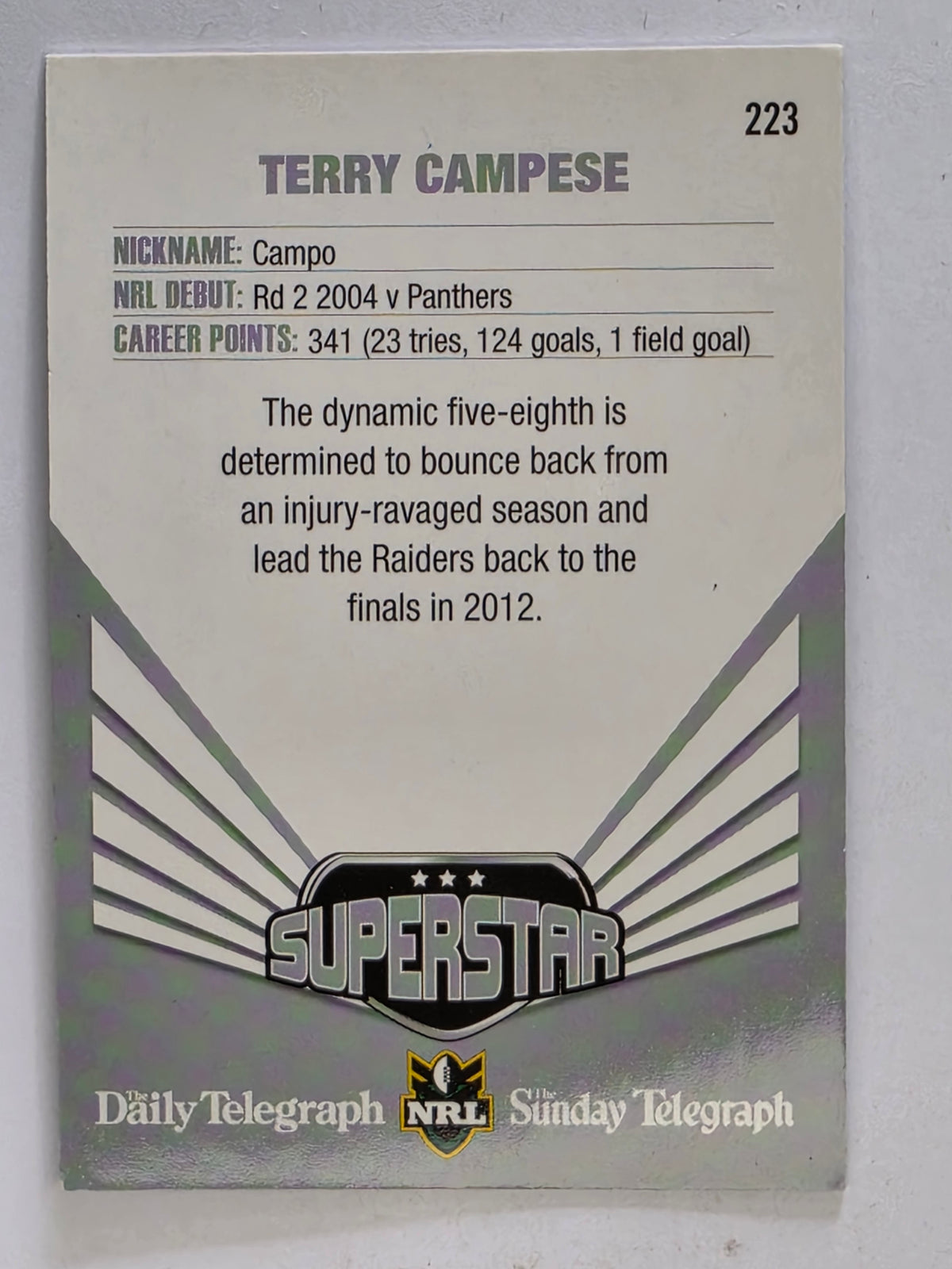 NRL 2012 Daily Telegraph | #223 Terry Campese Superstar
