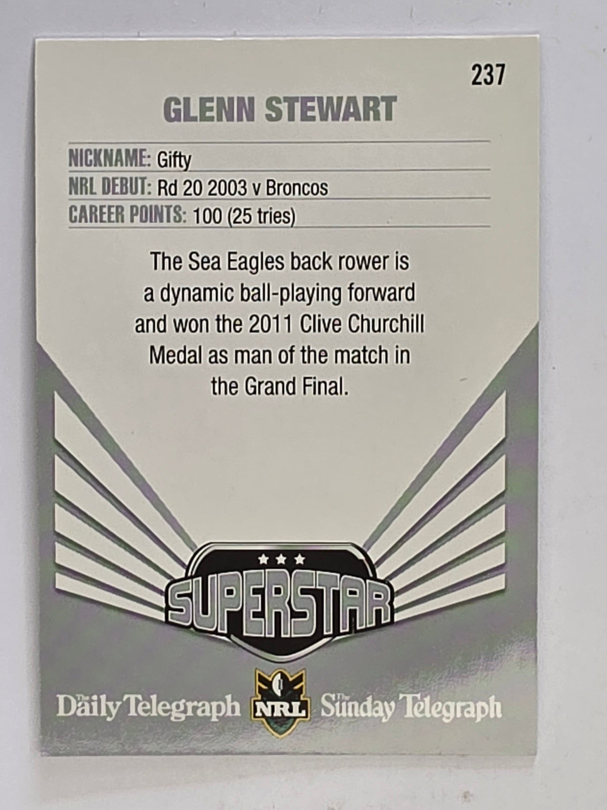 NRL 2012 Daily Telegraph | #237 Glenn Stewart Superstar