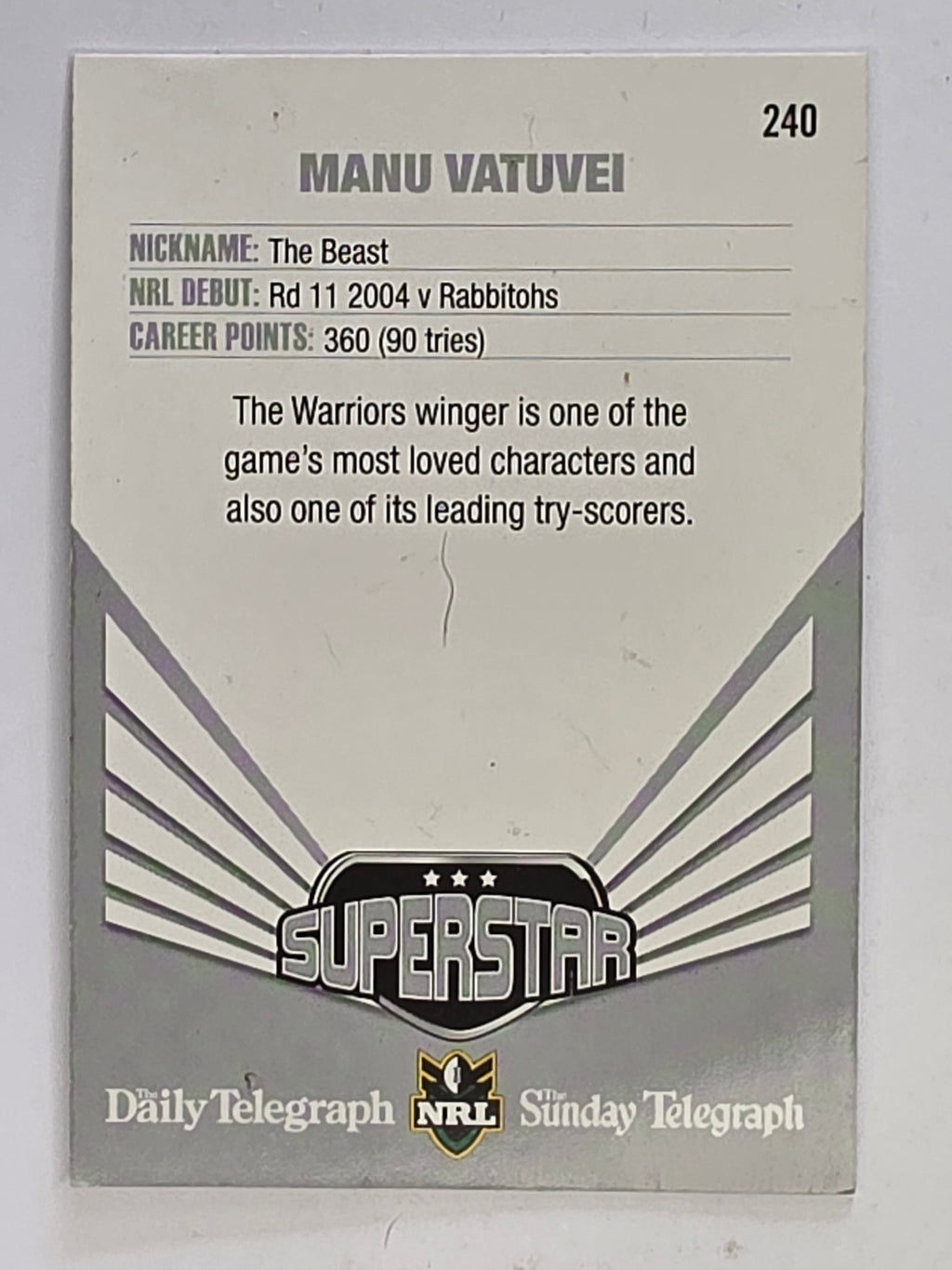 NRL 2012 Daily Telegraph | #240 Manu Vatuvei Superstar