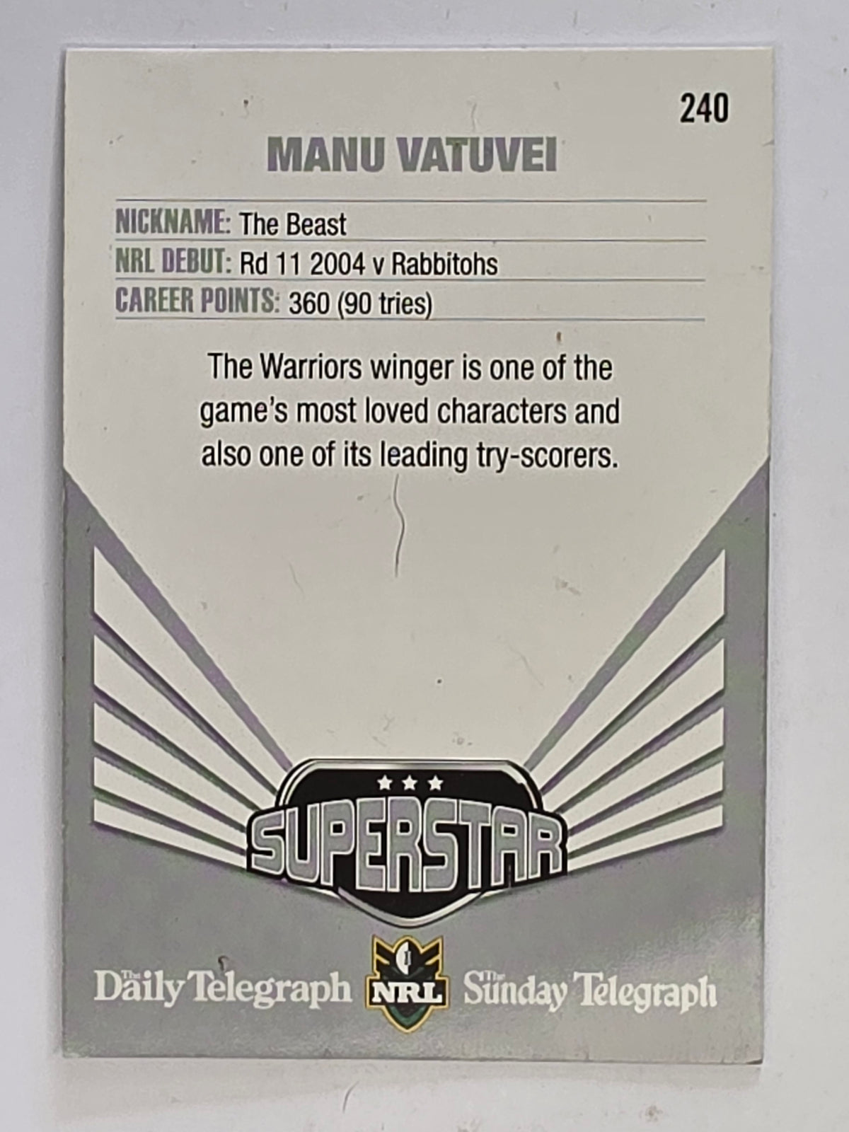 NRL 2012 Daily Telegraph | #240 Manu Vatuvei Superstar