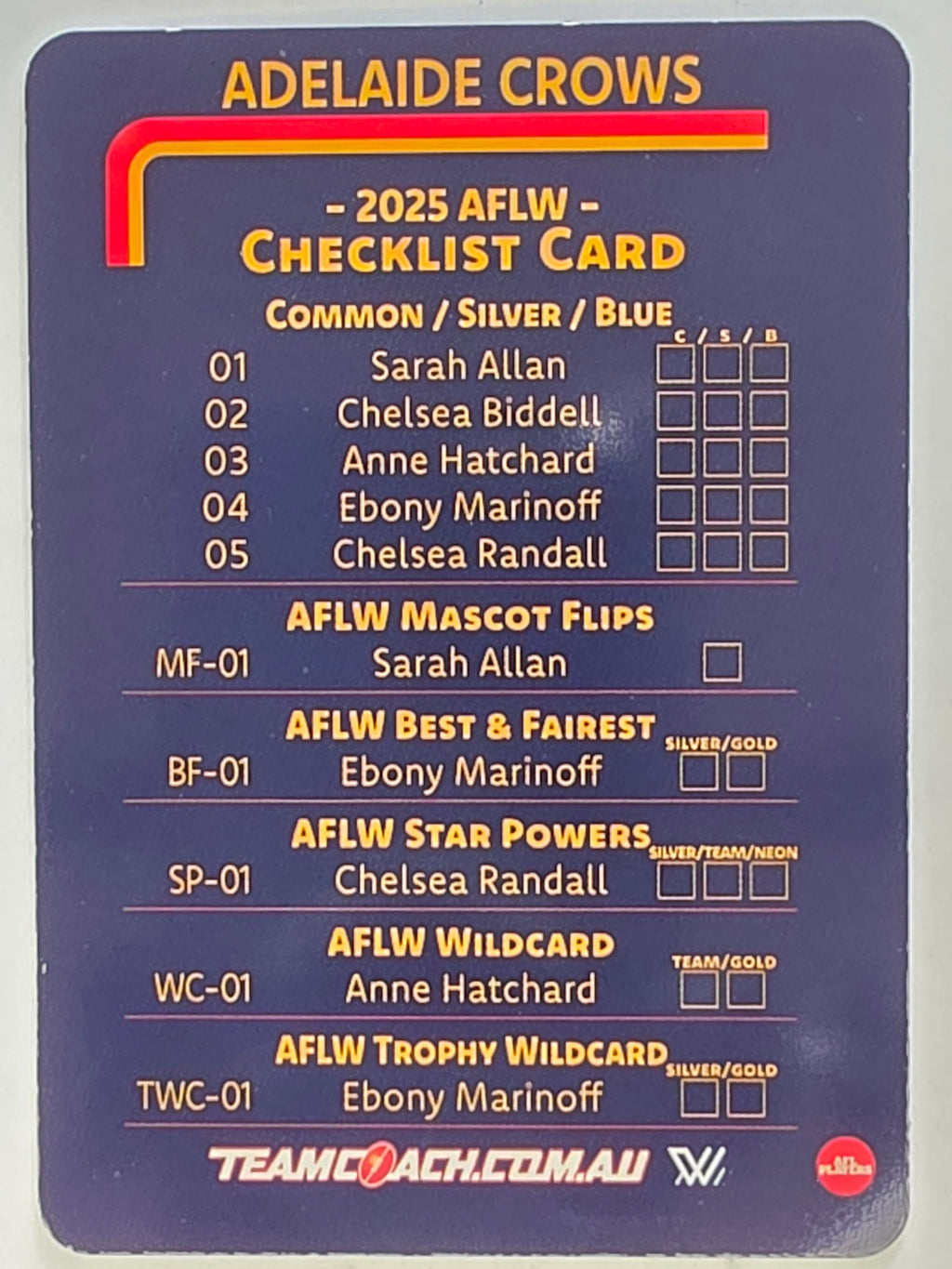 2025 AFLW TeamCoach | #CL-01 Adelaide Crows Checklist