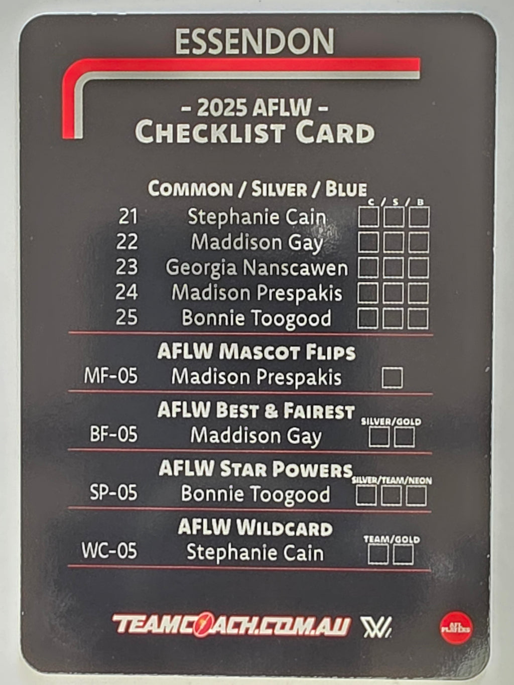 2025 AFLW TeamCoach | #CL-05 Essendon Bombers Checklist