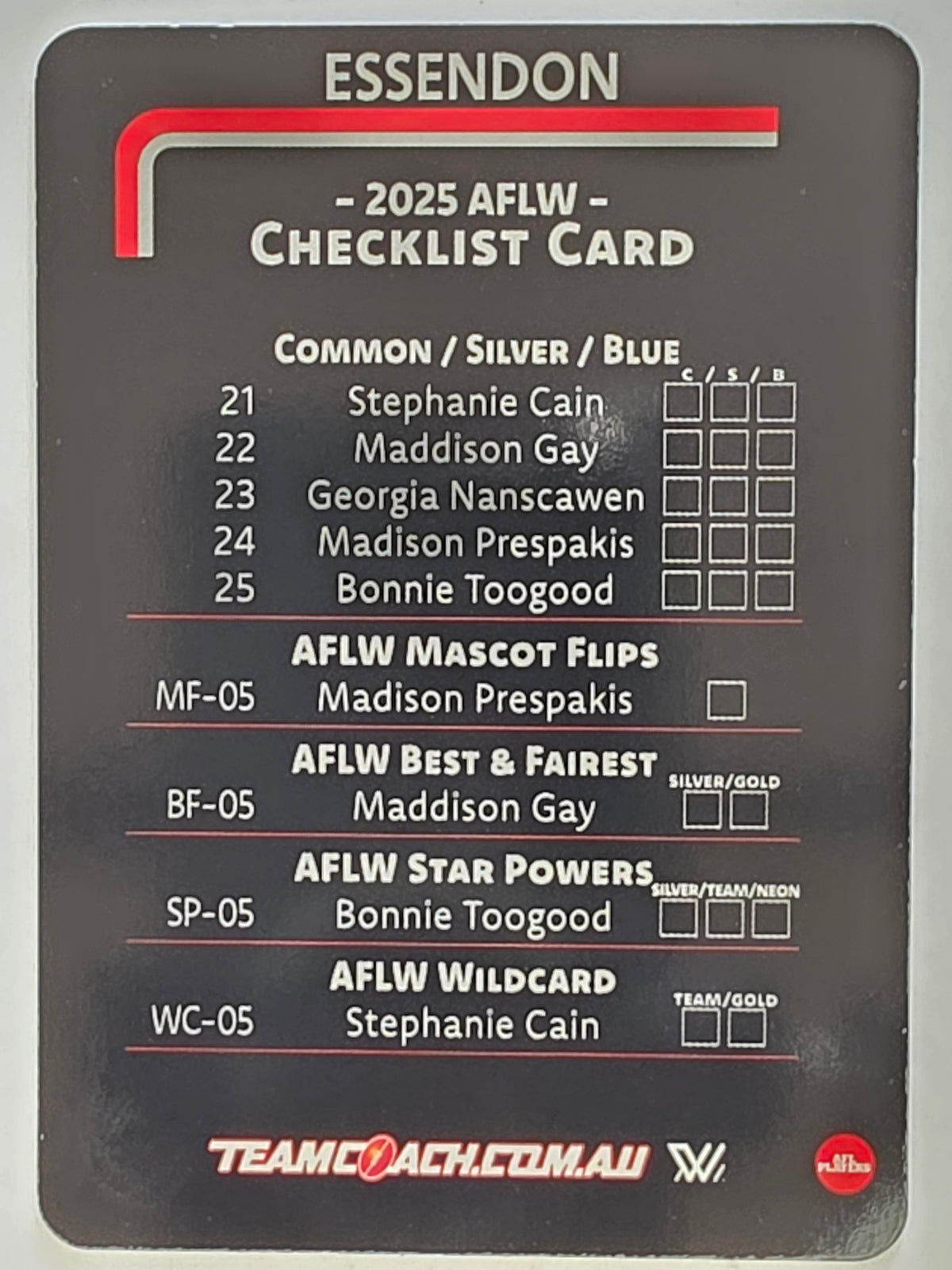 2025 AFLW TeamCoach | #CL-05 Essendon Bombers Checklist
