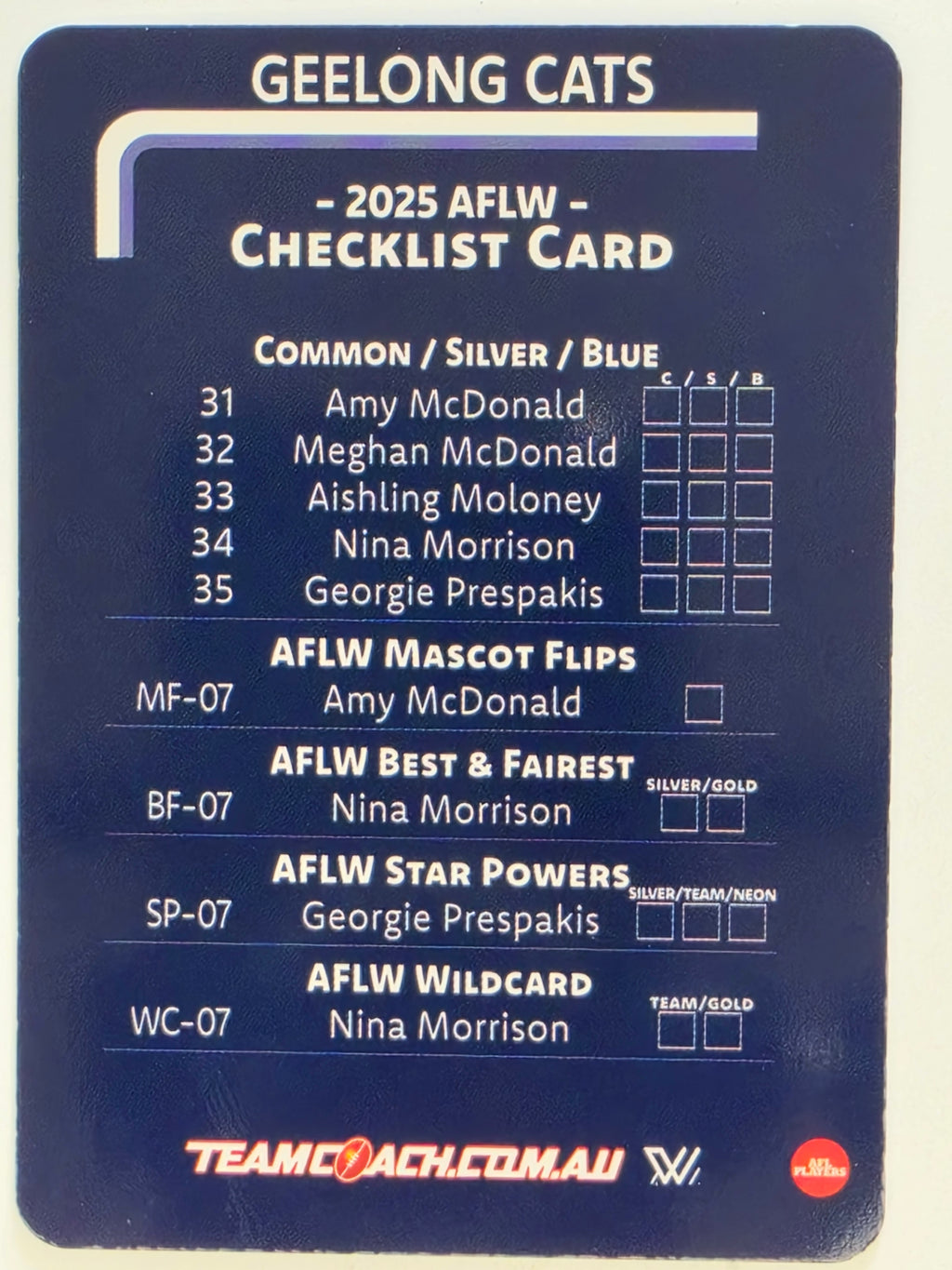 2025 AFLW TeamCoach | #CL-07 Geelong Cats Checklist