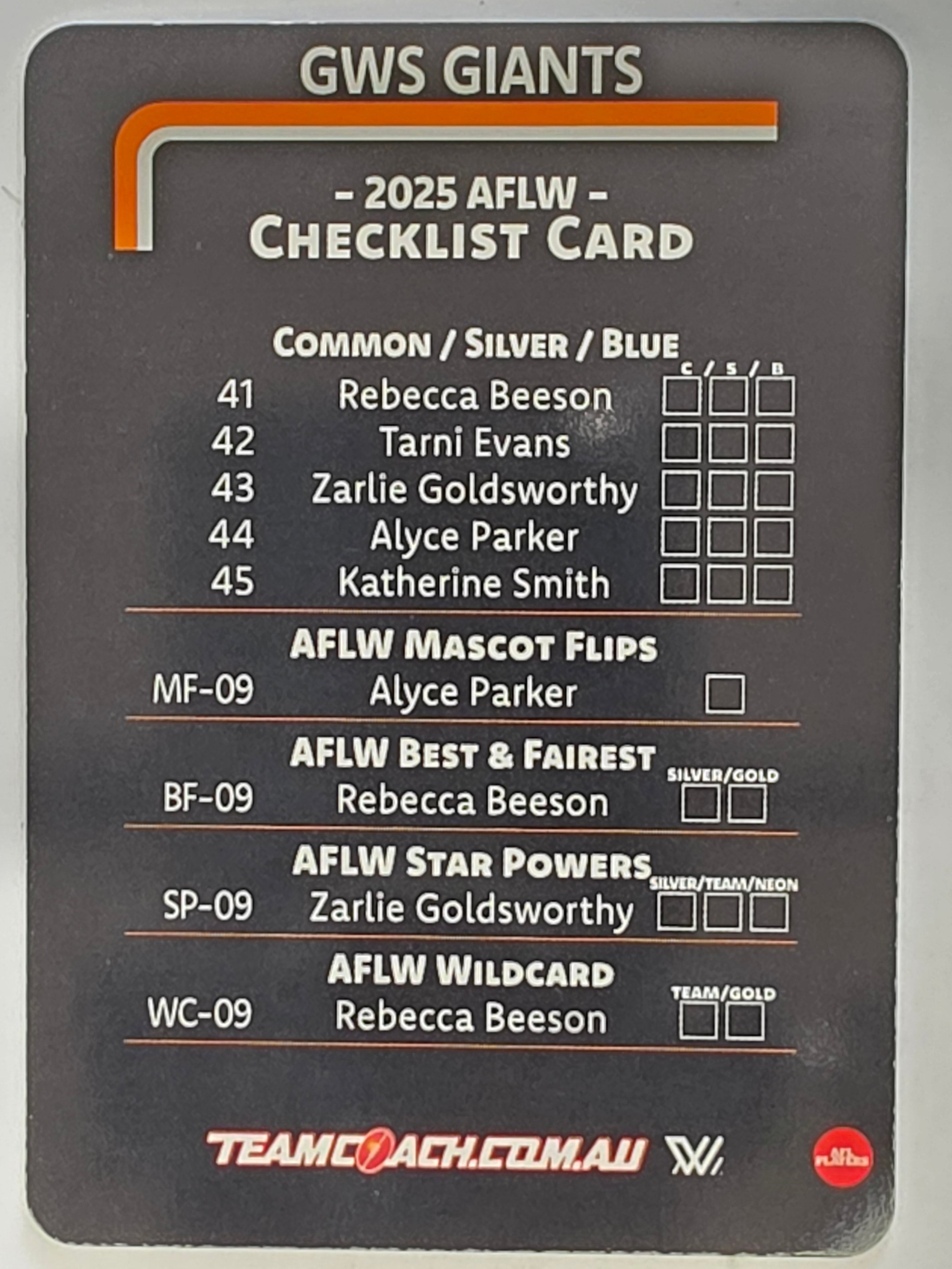 2025 AFLW TeamCoach | #CL-09 Greater Western Sydney Giants Checklist